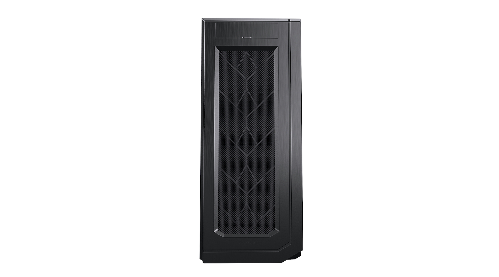 Case per computer nero, vista frontale. Pannello frontale a rete e logo Phanteks.