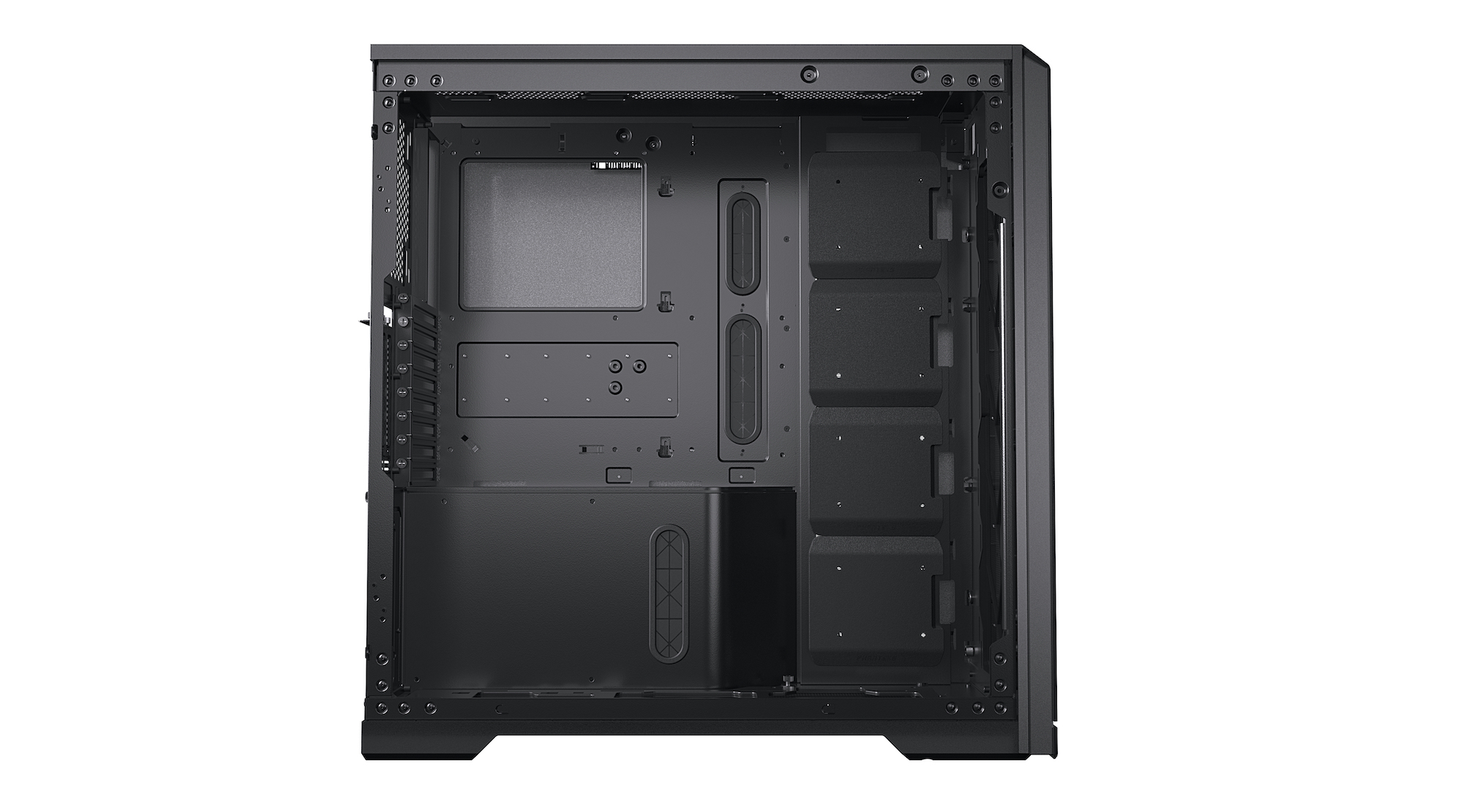 Interno del case PC nero, che mostra il layout interno e i punti di montaggio.