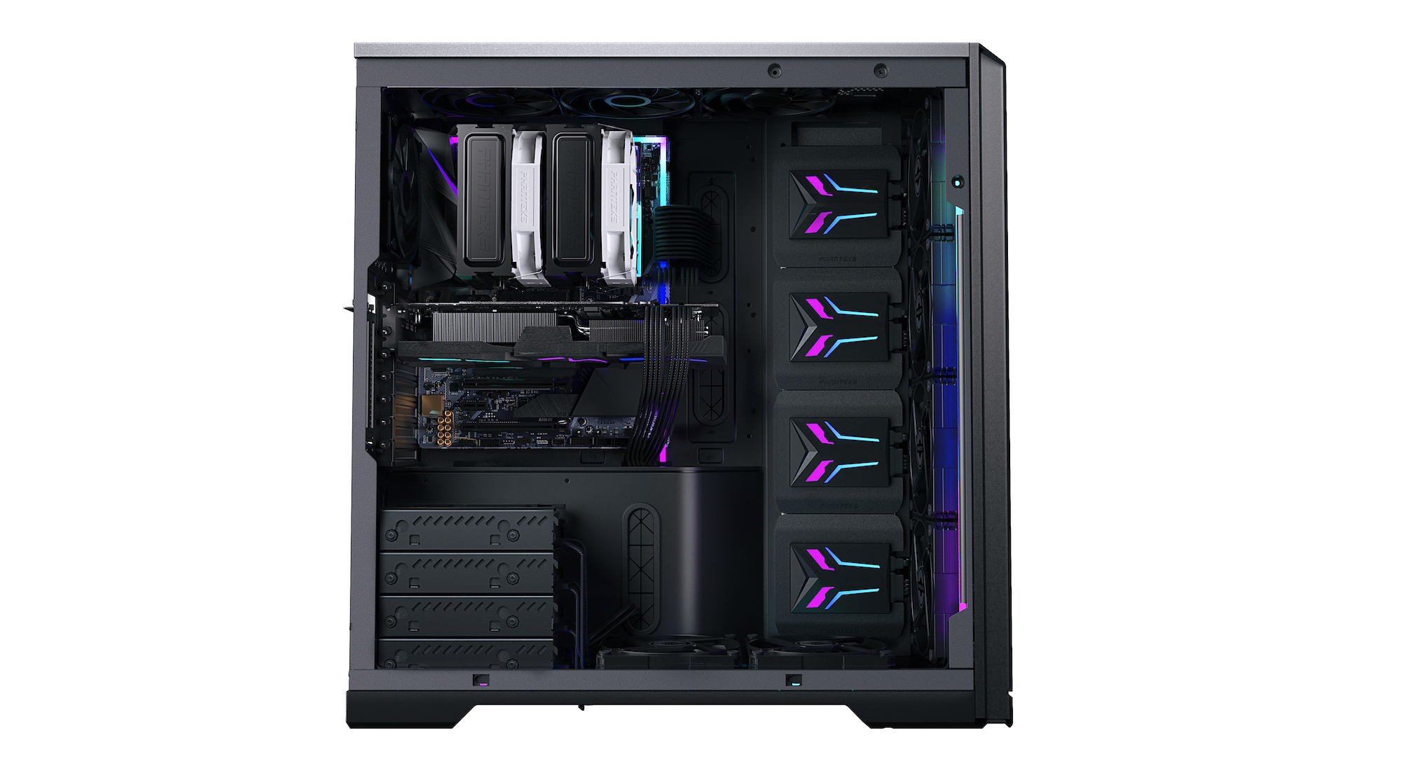 Interno PC. Componenti installati, tra cui GPU, RAM e dissipatore CPU. Pannello laterale in vetro. Tema scuro.