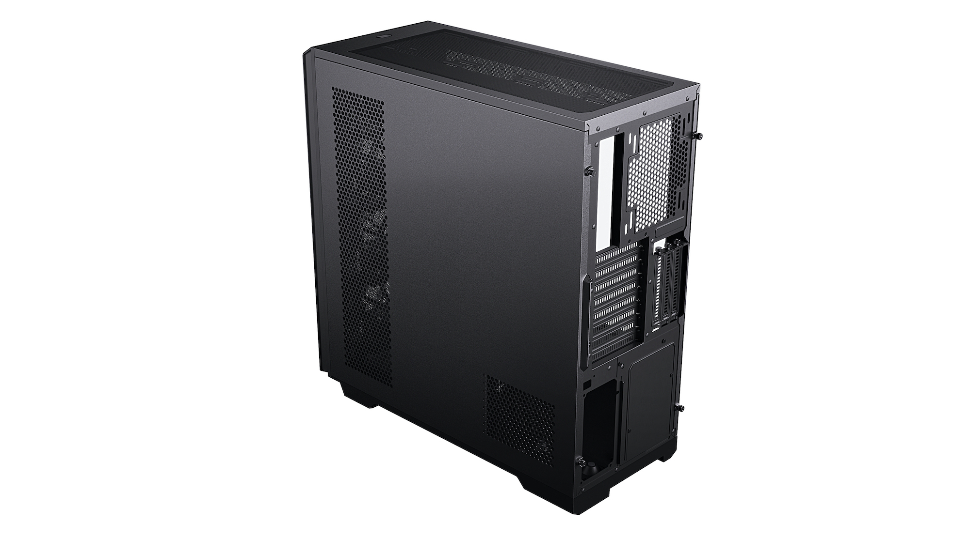 Case PC nero, vista angolata. Pannello laterale a rete e pannello in vetro trasparente. Sfiato superiore visibile.