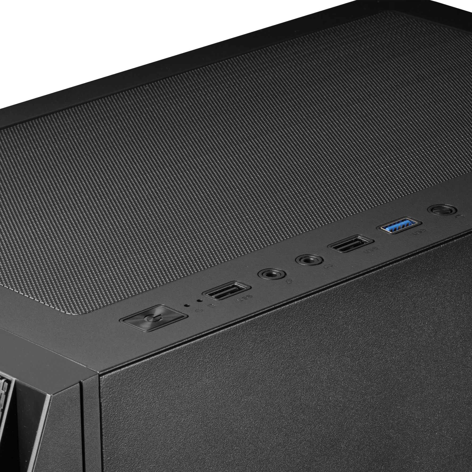 Zbliżenie na górną część czarnej obudowy komputera z portami USB, audio i przyciskiem zasilania.