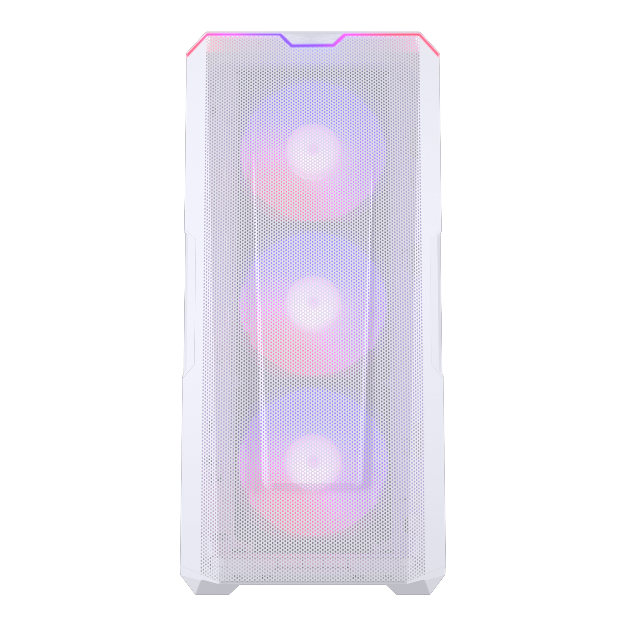 Widok z przodu białej obudowy komputera. Panel przedni z siatki z trzema wentylatorami i tęczowymi światłami.