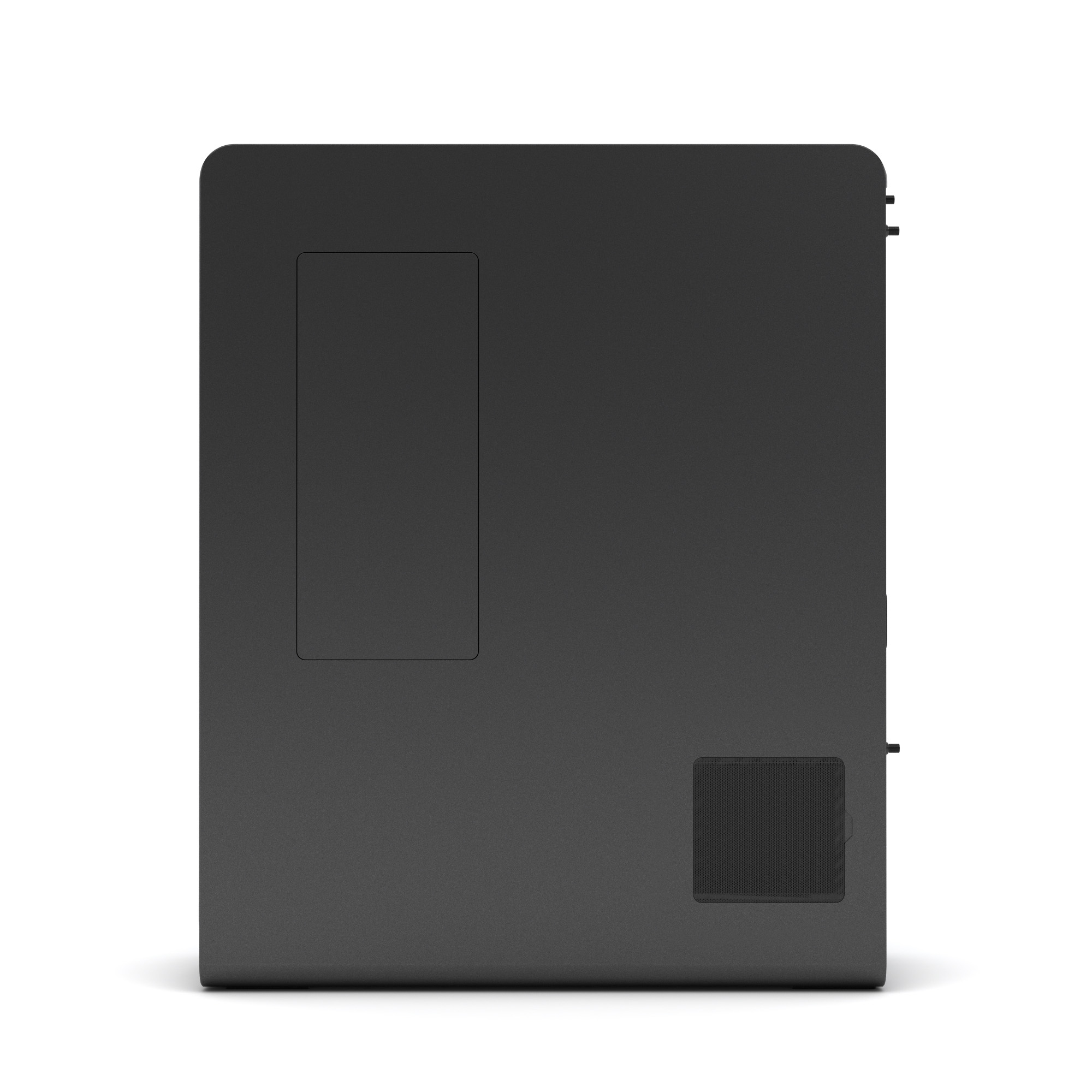 Widok z góry czarnej obudowy komputera, pokazujący płaską powierzchnię i mały otwór wentylacyjny.