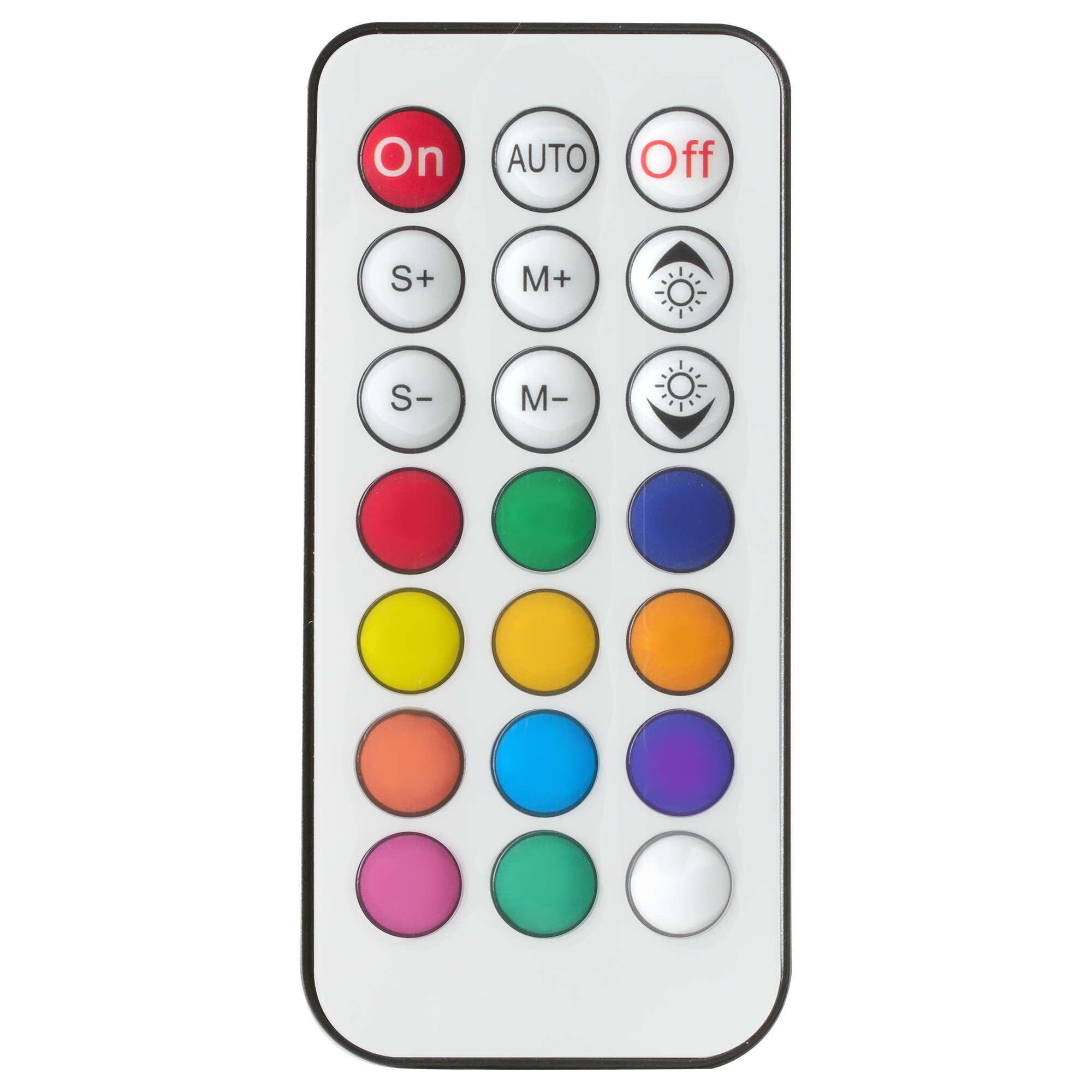 Biały pilot z wieloma kolorowymi przyciskami. Posiada przyciski włącz/wyłącz i inne funkcje.