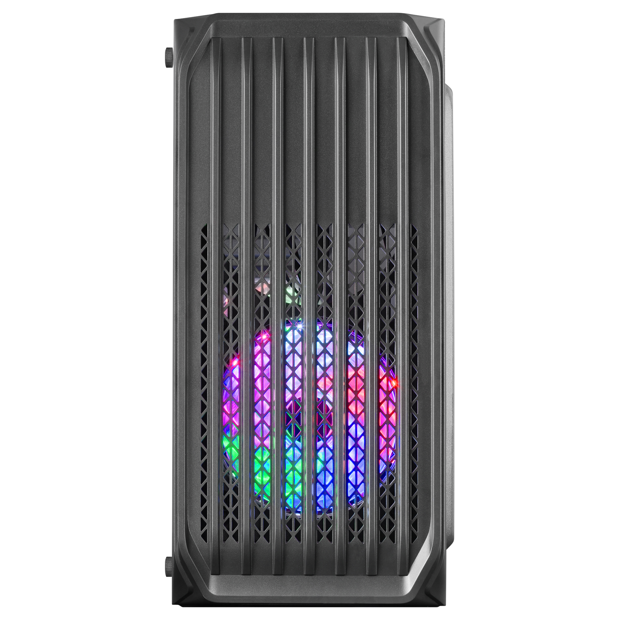 Parte frontale di un case nero per computer con barre verticali e un pannello centrale con ventole RGB.
