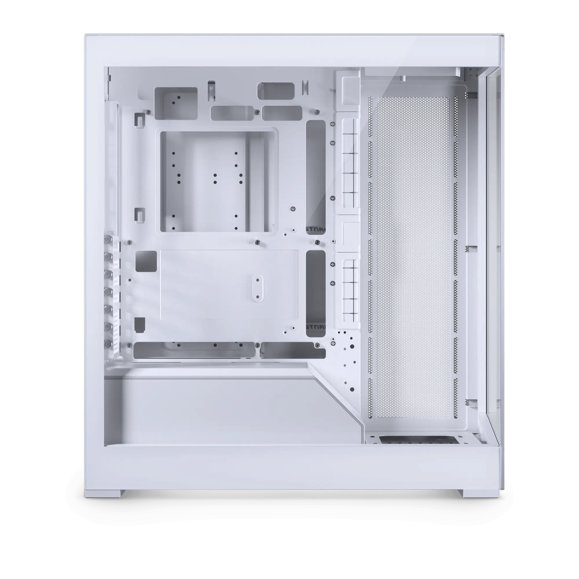 Witte computerkast binnen, leeg. Zijpaneel heeft een gaasfilter. Voorpaneel is helder.