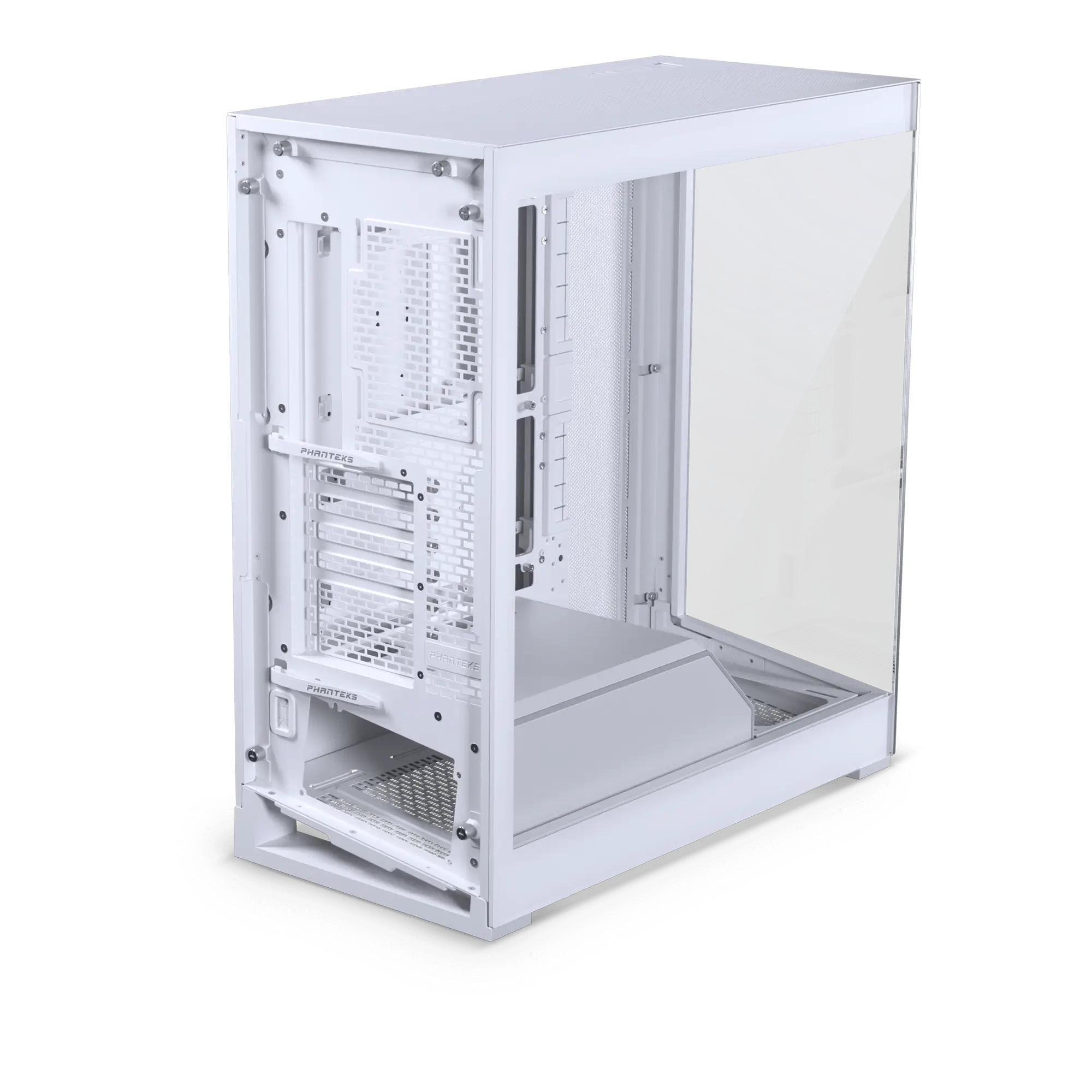 Witte computerkast met glazen zijpaneel, met de interne indeling.