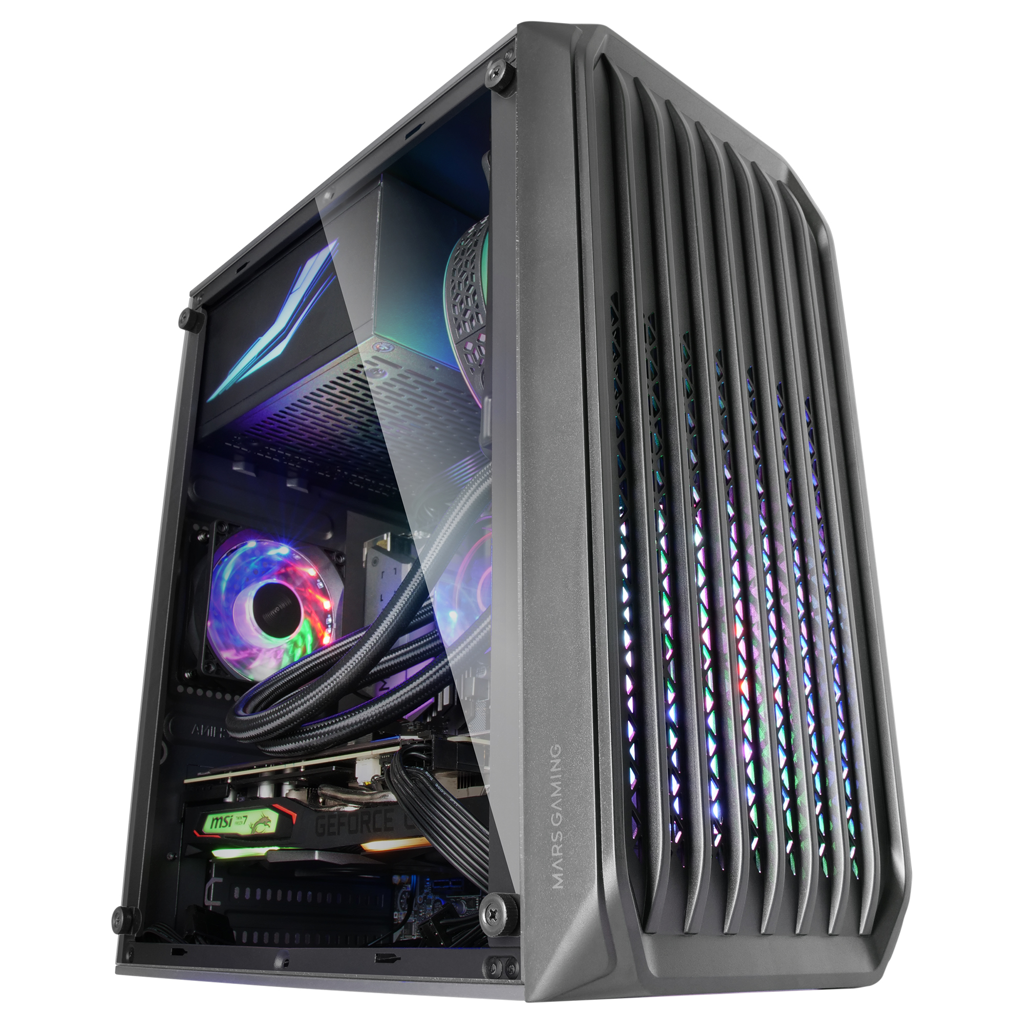 Un case per computer grigio con un pannello laterale in vetro. All'interno, c'è una scheda grafica e un dissipatore ad acqua.