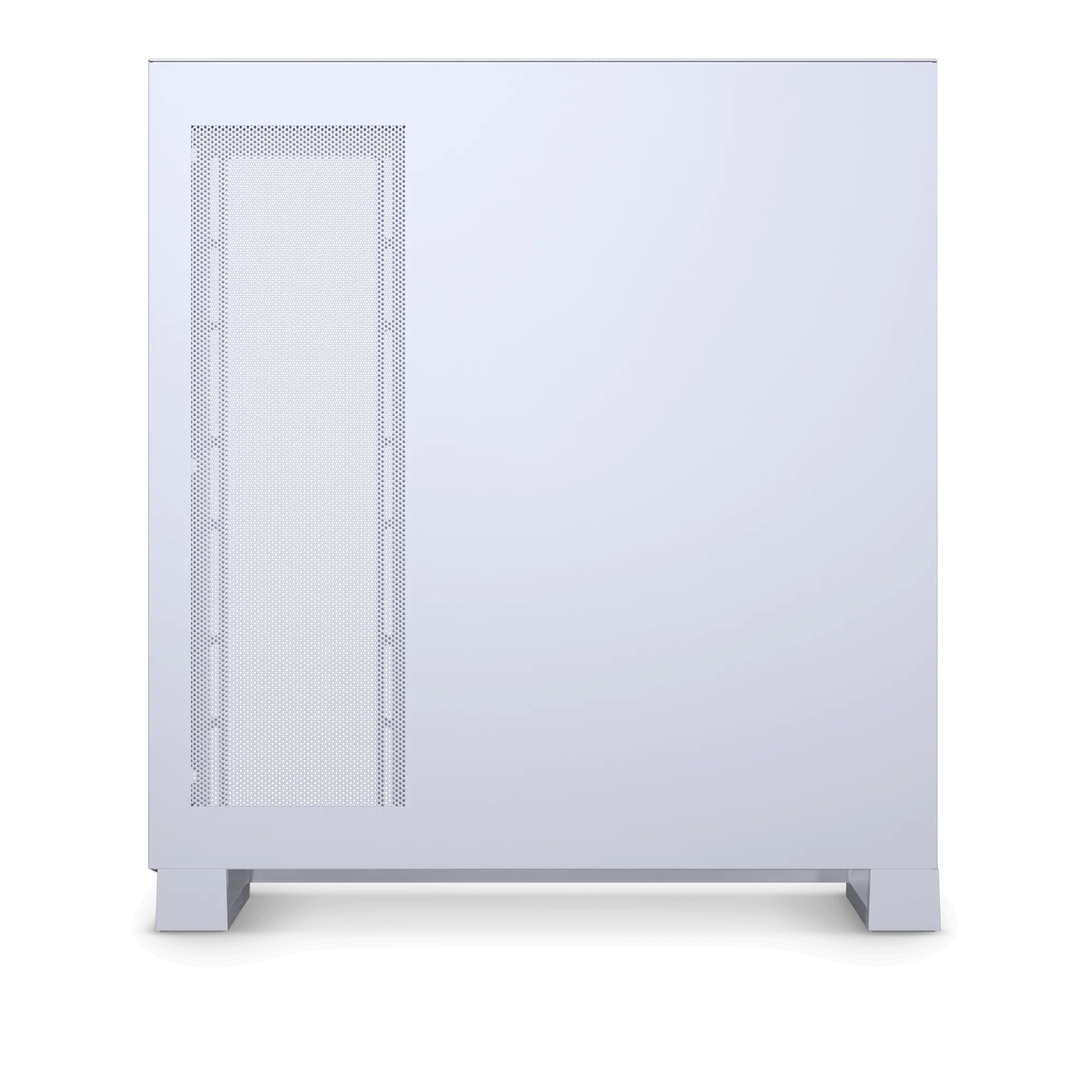 Witte pc-behuizing vooraanzicht met een mesh-zijpaneel. Toont het zijprofiel.