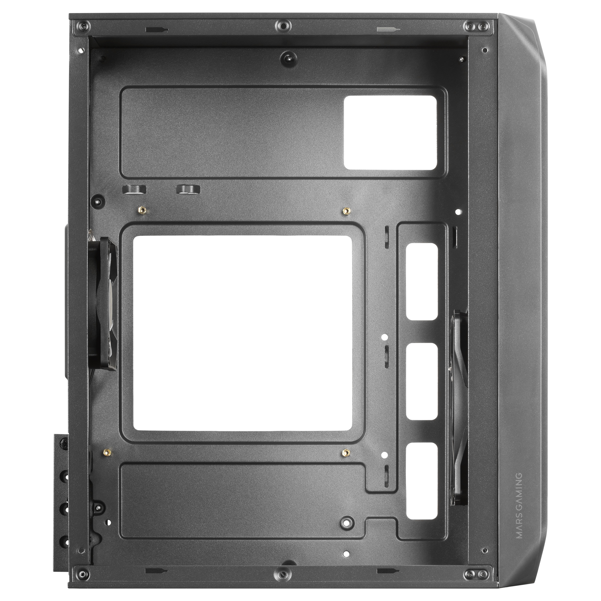 Case per computer nero vuoto. Vista frontale con spazi aperti e logo Mars Gaming visibile.