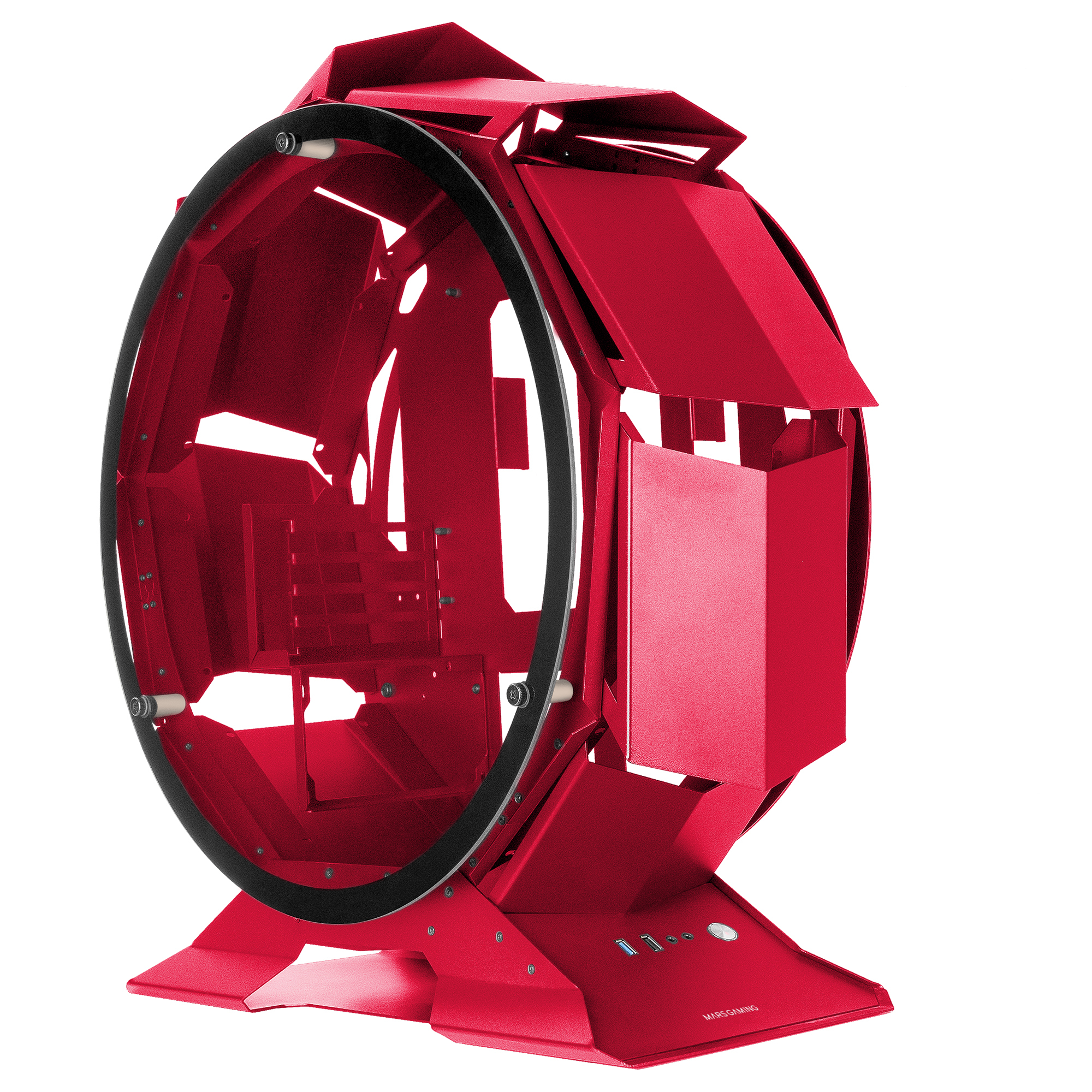 Case per computer rosso con un design rotondo unico e varie porte.
