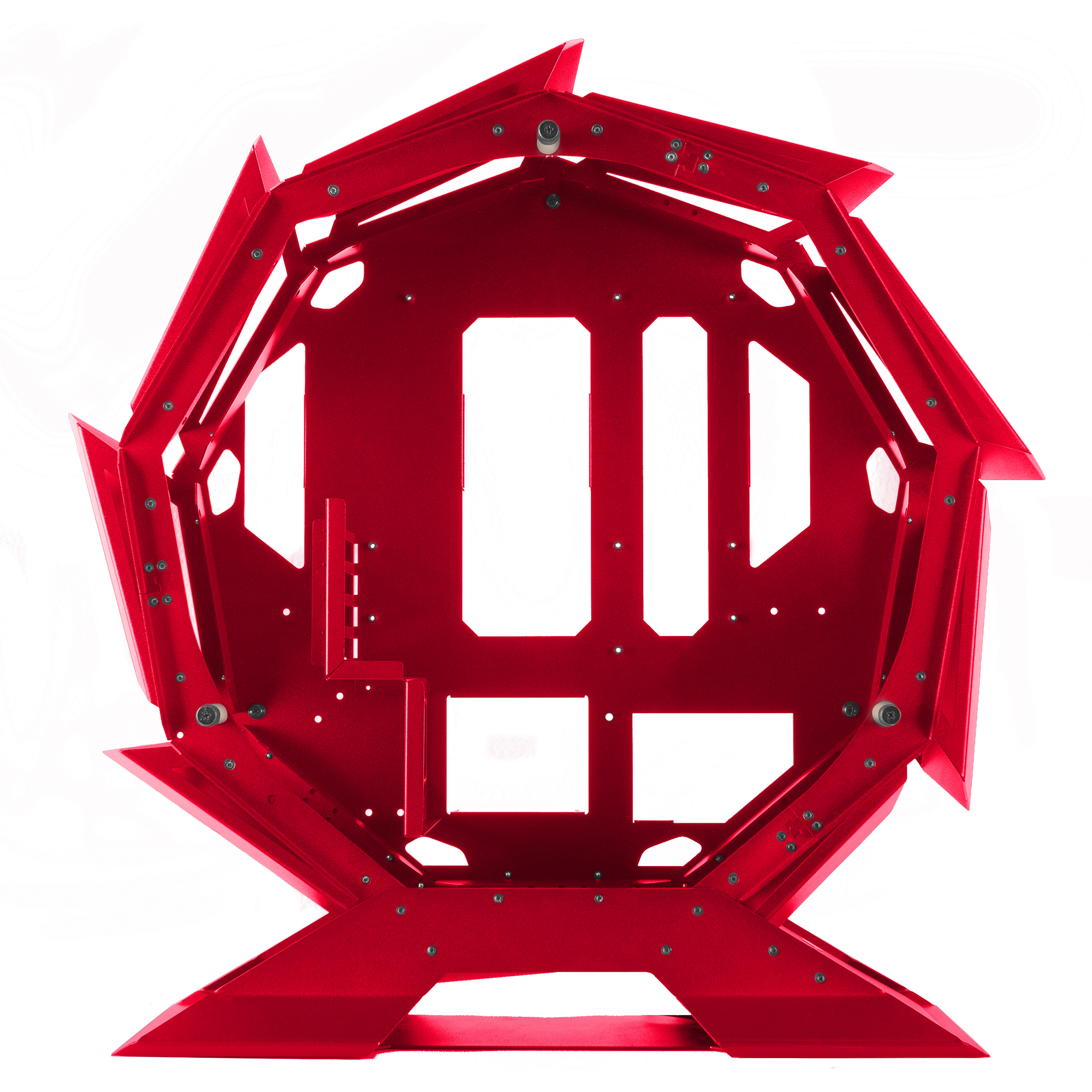 Un telaio per case di computer rosso. Il telaio ha la forma di un design geometrico con molti angoli.