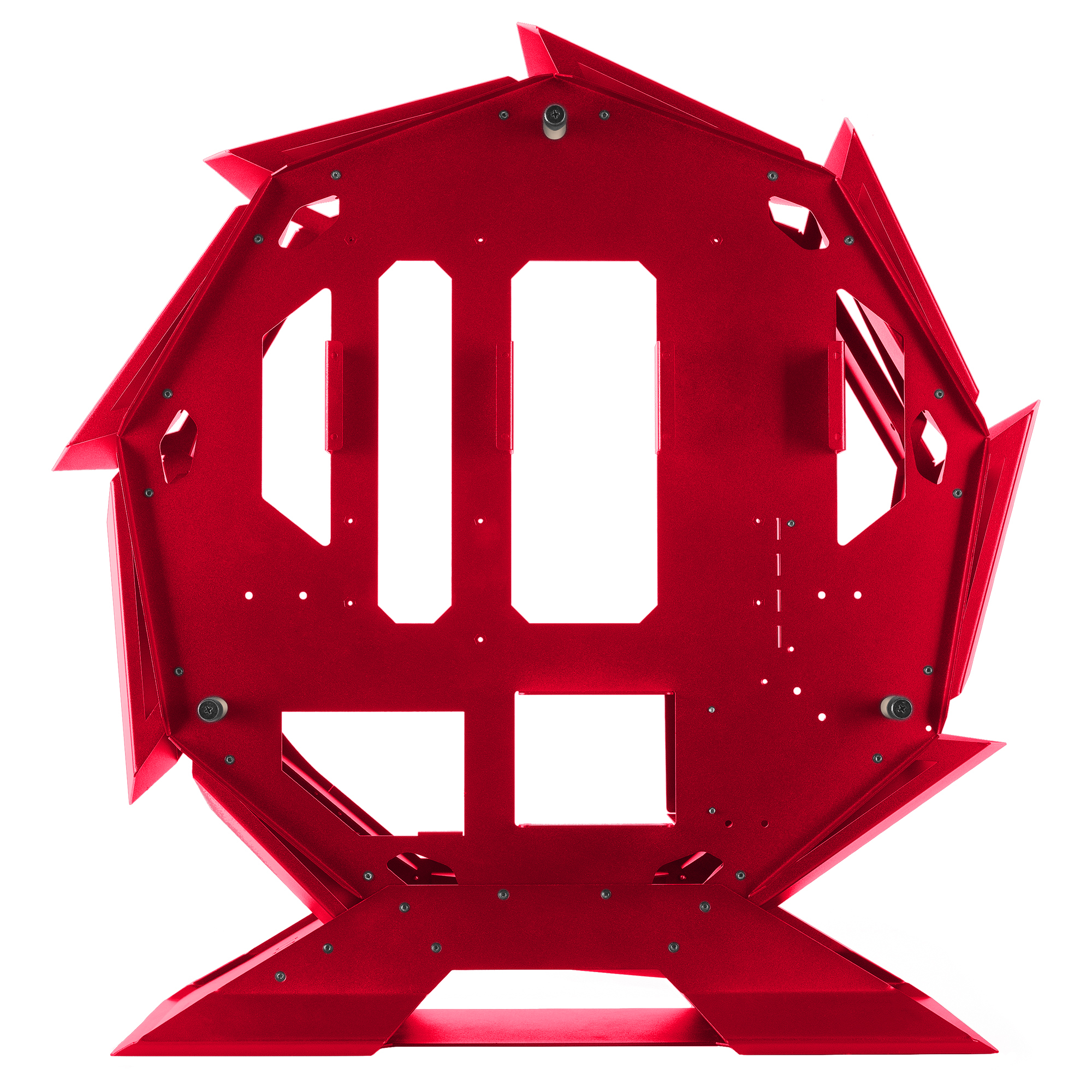 Un case per computer rosso a telaio aperto con un design geometrico unico. Ha una base solida.