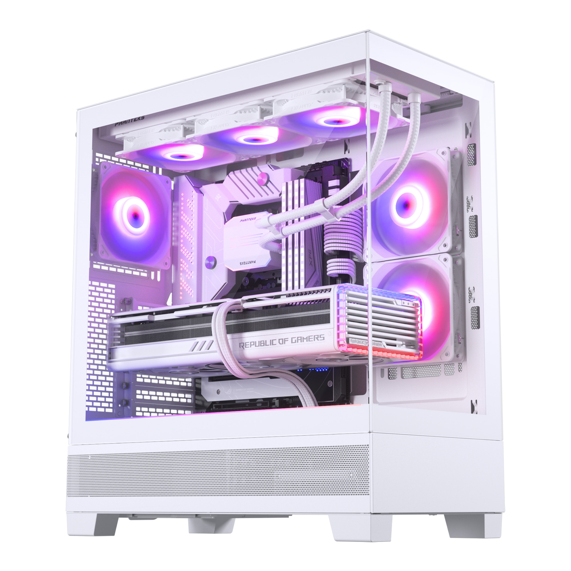 Weißes Computergehäuse, Innenansicht mit RGB-Beleuchtung, Flüssigkeitskühlung und Grafikkarte.