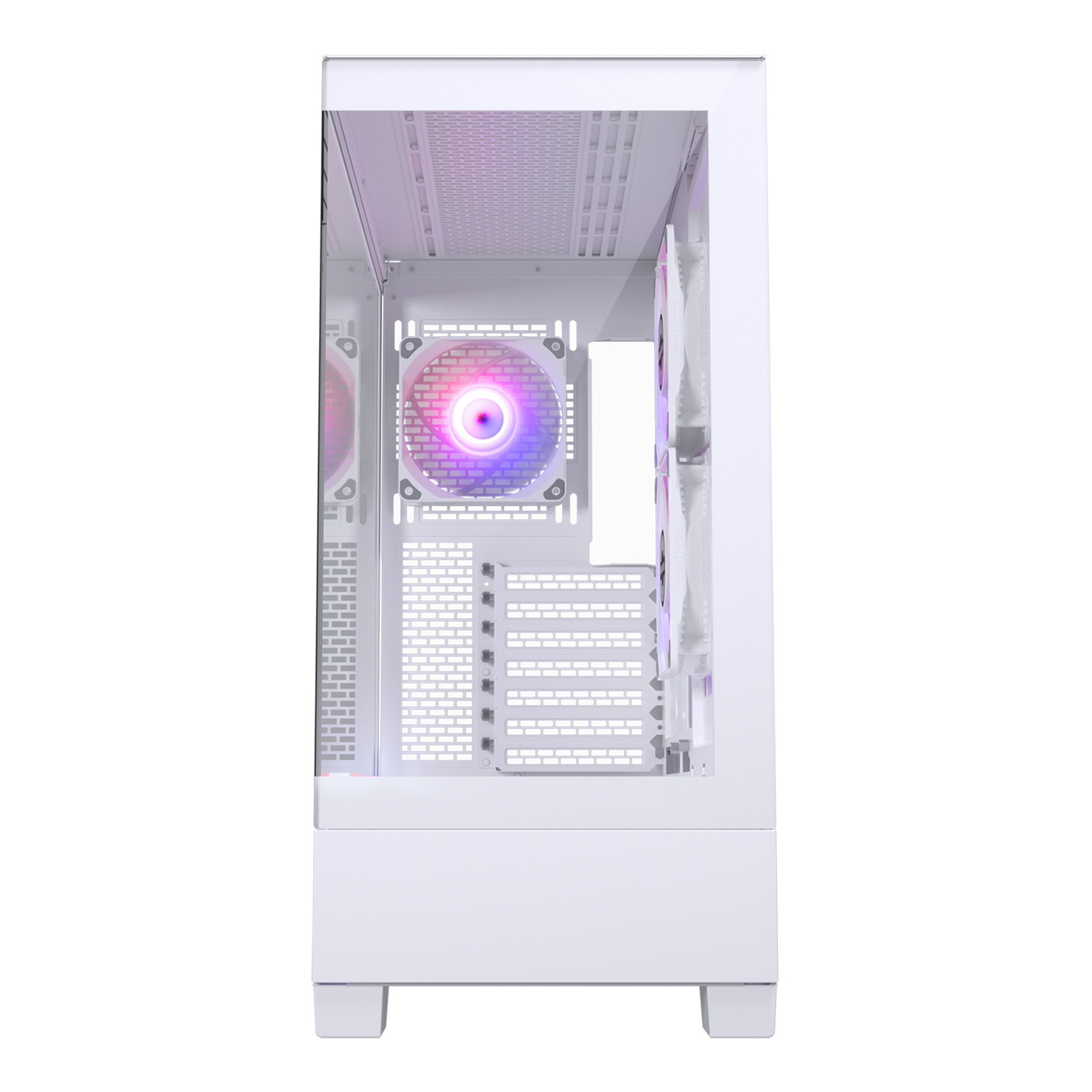 Weißes Computergehäuse innen mit RGB-beleuchteten Lüftern und Komponenten. Weißer Hintergrund.