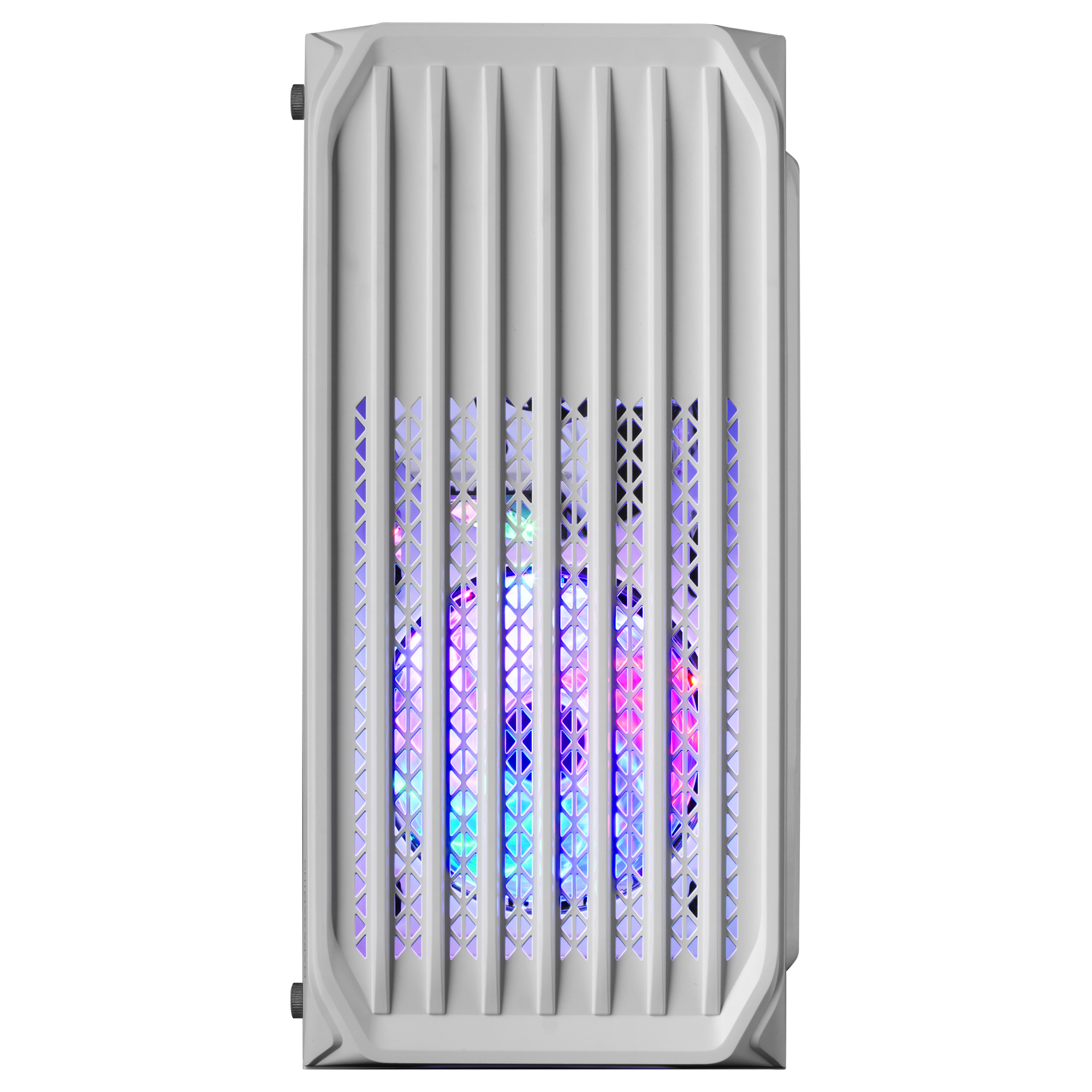Parte anteriore del case per computer bianco con linee verticali e illuminazione RGB dietro la griglia. Bianco.