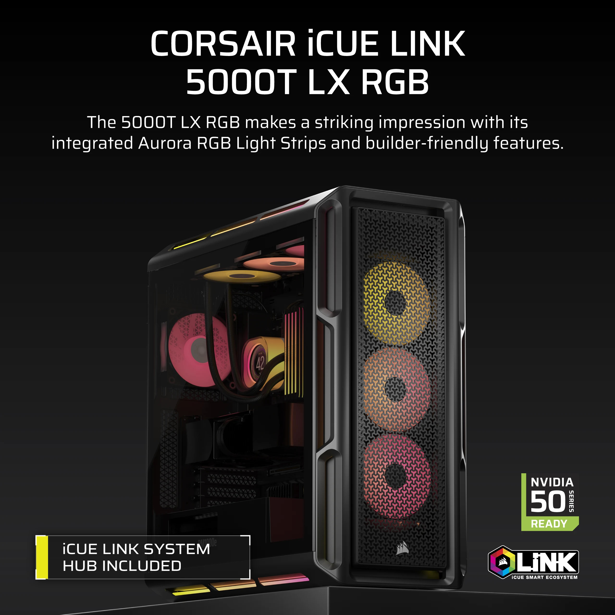 Czarna obudowa komputera z podświetlanymi wentylatorami. Widoczny tekst i logo Corsair iCUE LINK 5000T LX RGB. Czarne tło.