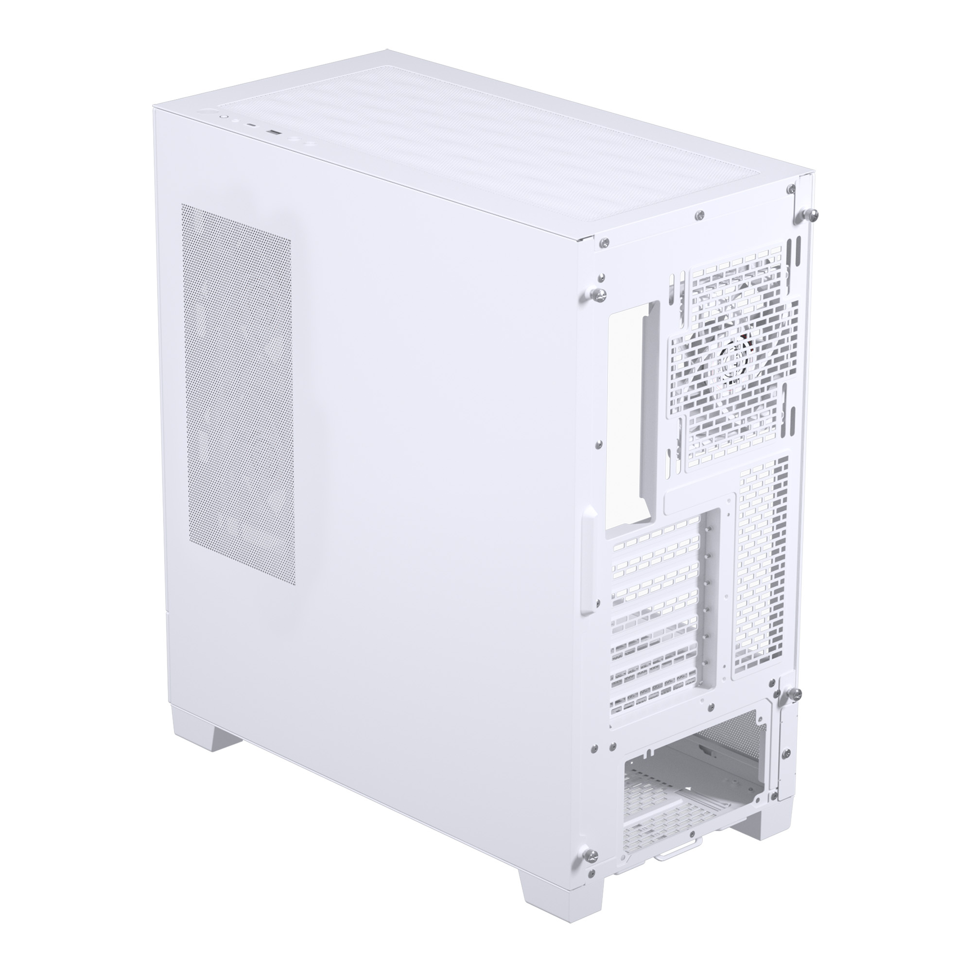 Weißes PC-Gehäuse, Rückansicht, mit perforierter Seitenwand und verschiedenen Öffnungen.