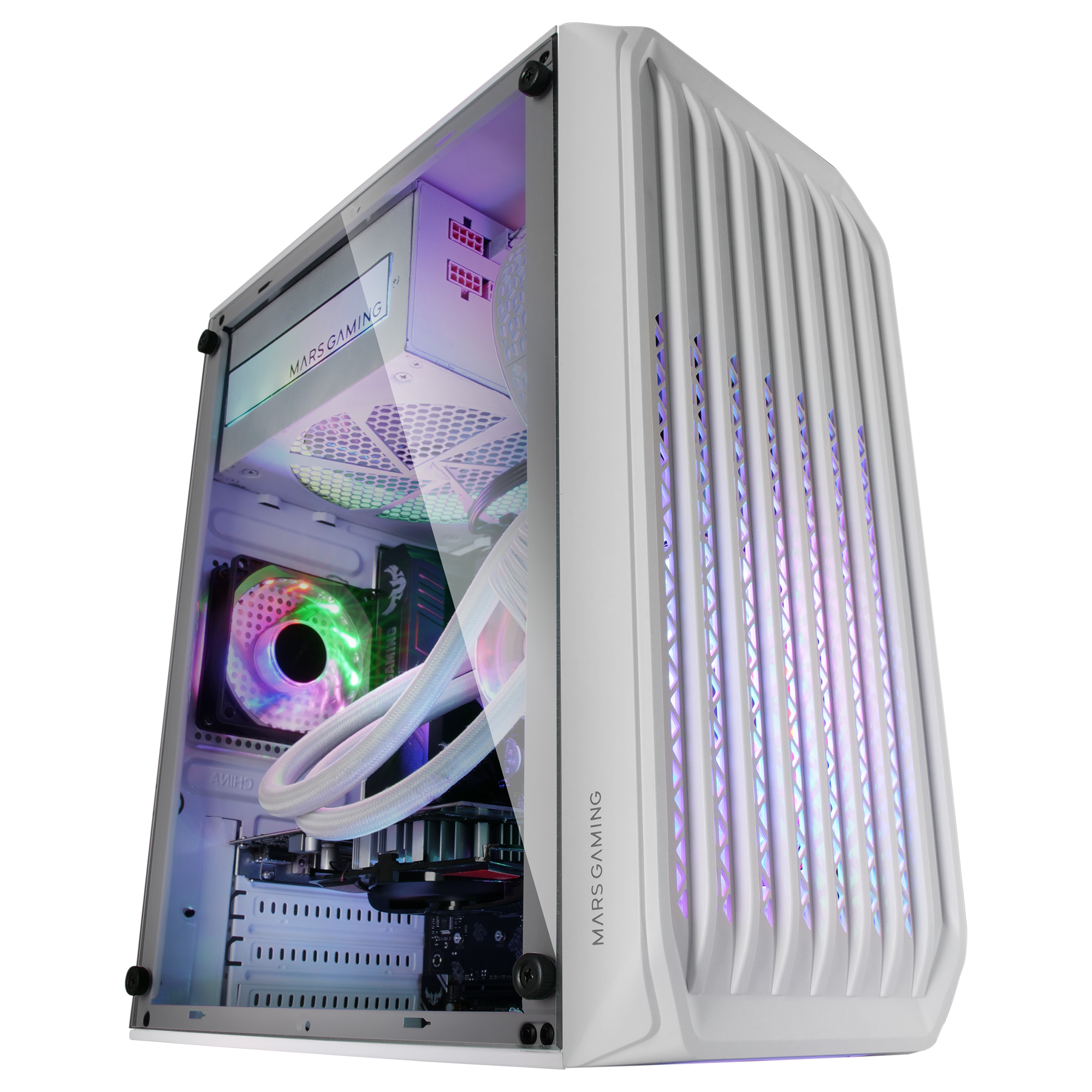 Case PC bianco con pannello in vetro, componenti interni visibili, illuminazione colorata. Logo MARS GAMING sul davanti.