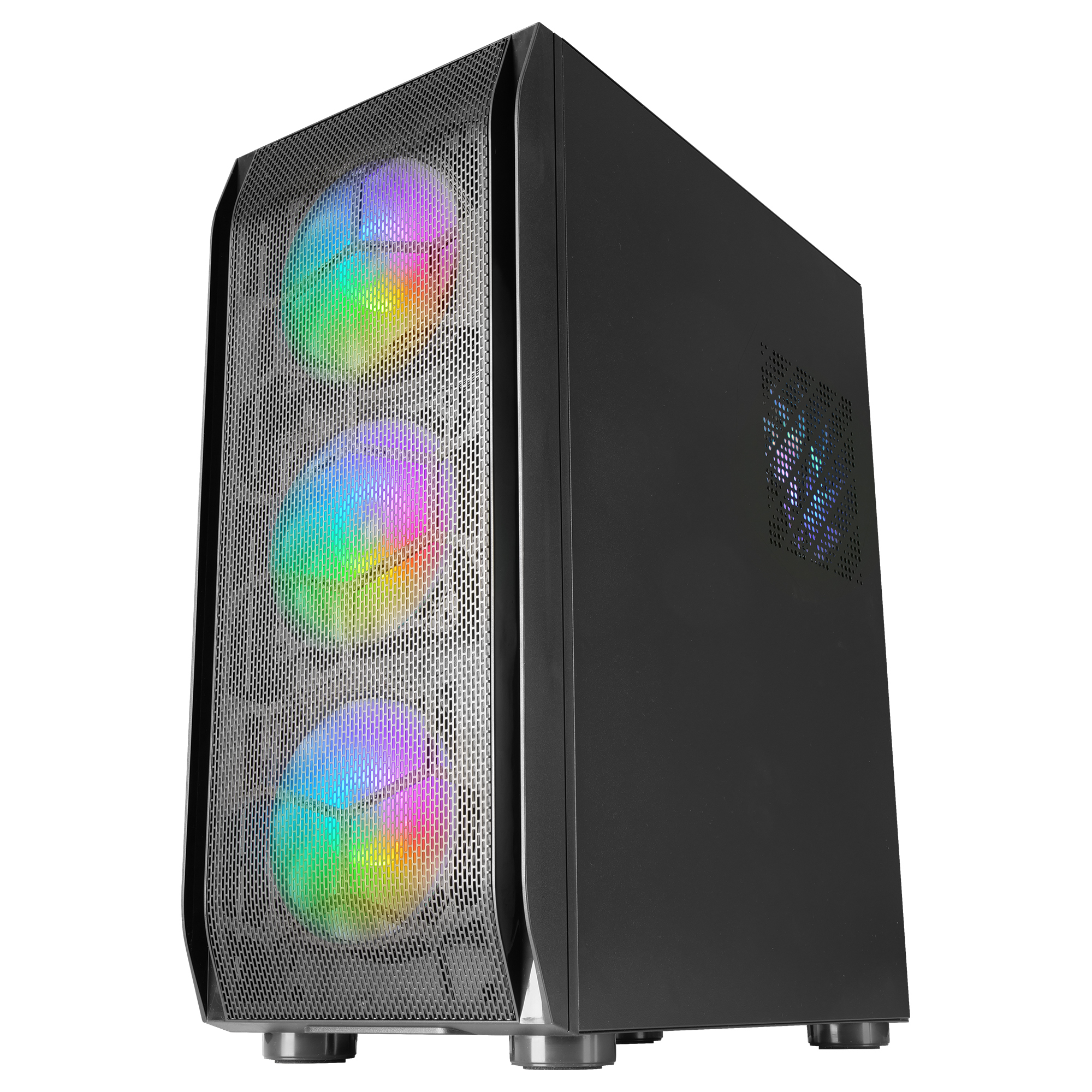 Czarna obudowa komputera z trzema przednimi wentylatorami RGB i panelem bocznym. Obudowa ma siatkowy przód.