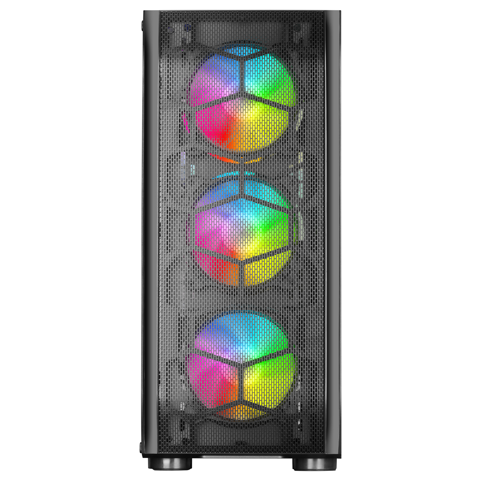 Przednia część obudowy komputera z trzema wentylatorami RGB za panelem z siatki, pokazująca efekt tęczy.