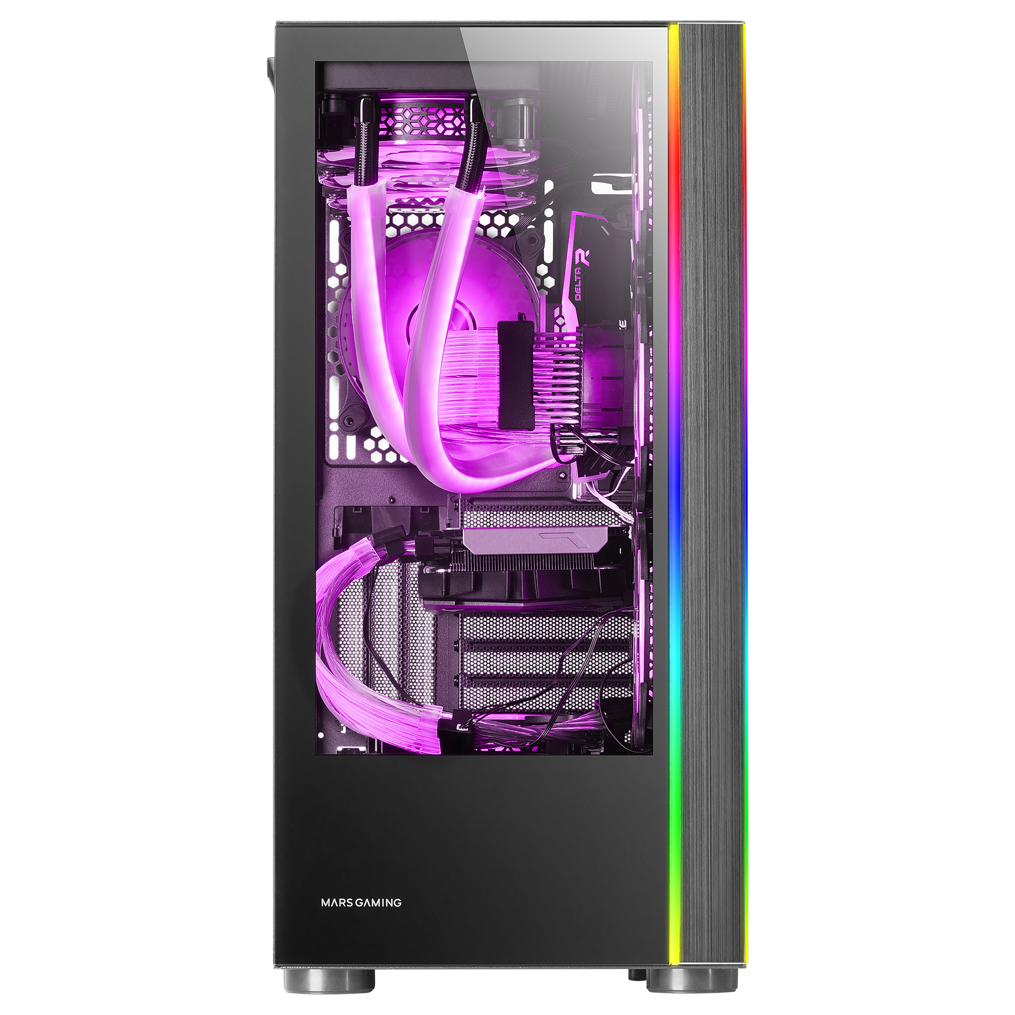 Czarna obudowa komputera ze szklanym panelem bocznym. Różowe i czerwone światła w środku, pasek RGB z boku.
