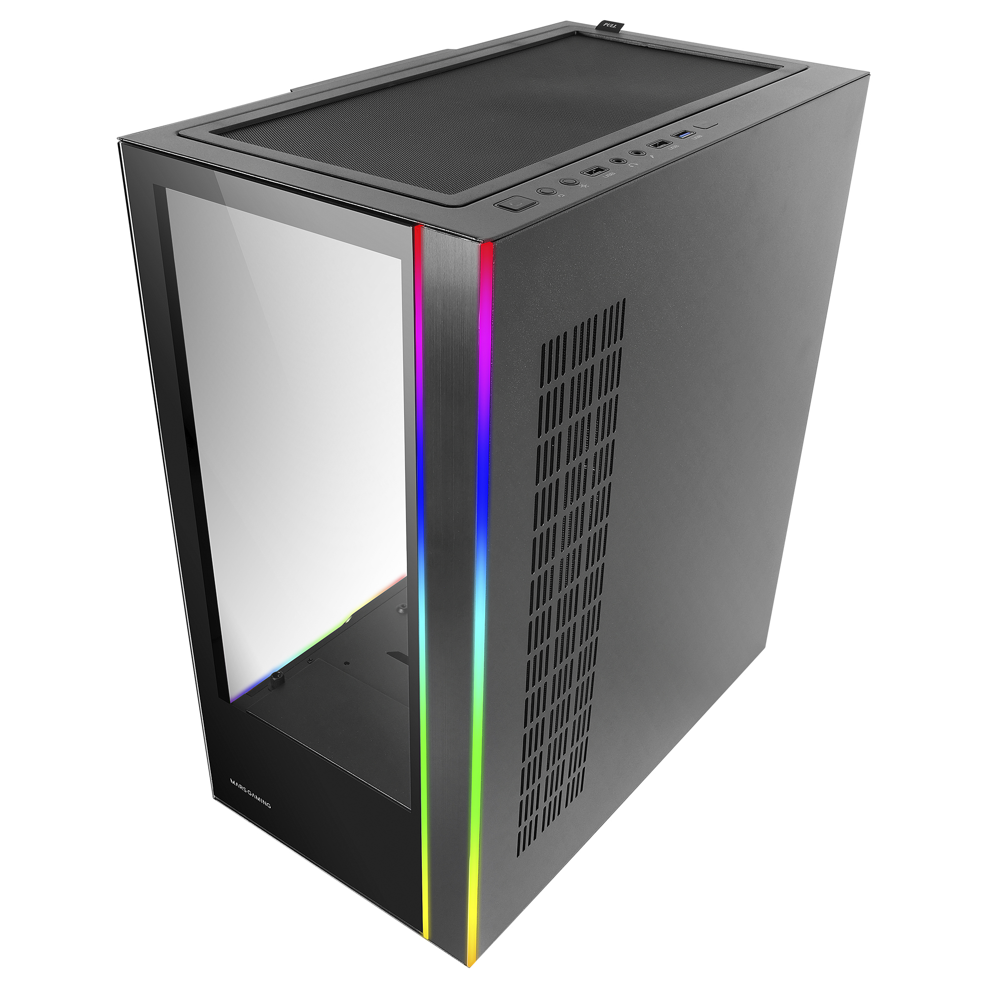 Czarna obudowa komputera z szklanym panelem bocznym, oświetleniem RGB wzdłuż krawędzi bocznej i siatkowym wierzchem.