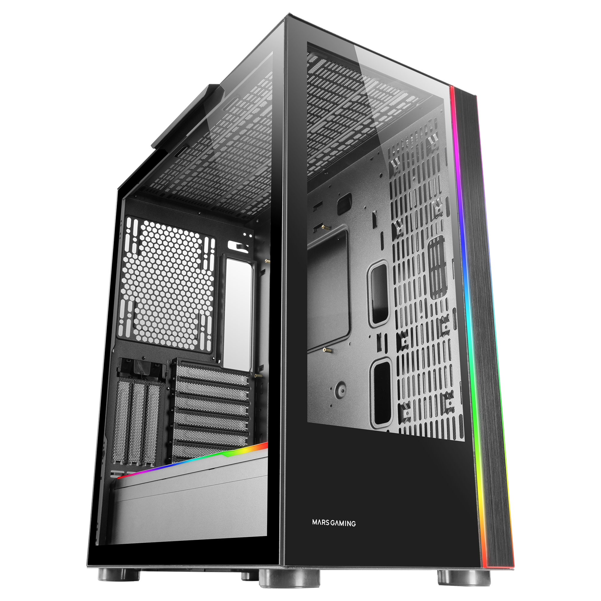 Czarna obudowa PC ze szklanym panelem bocznym, światłami RGB i logo MARS GAMING.
