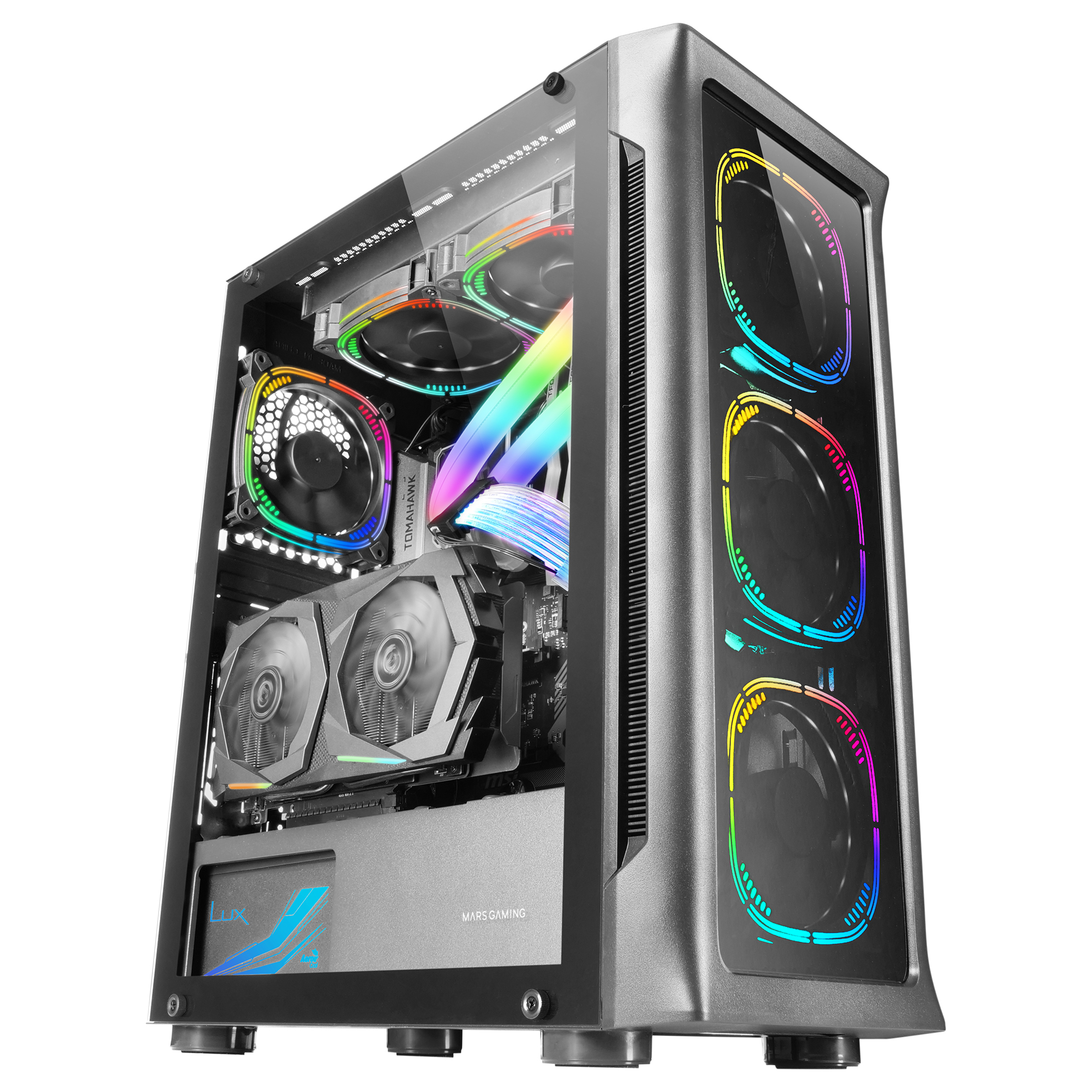 Un case per computer con pannello laterale in vetro, ventole RGB e componenti interni.