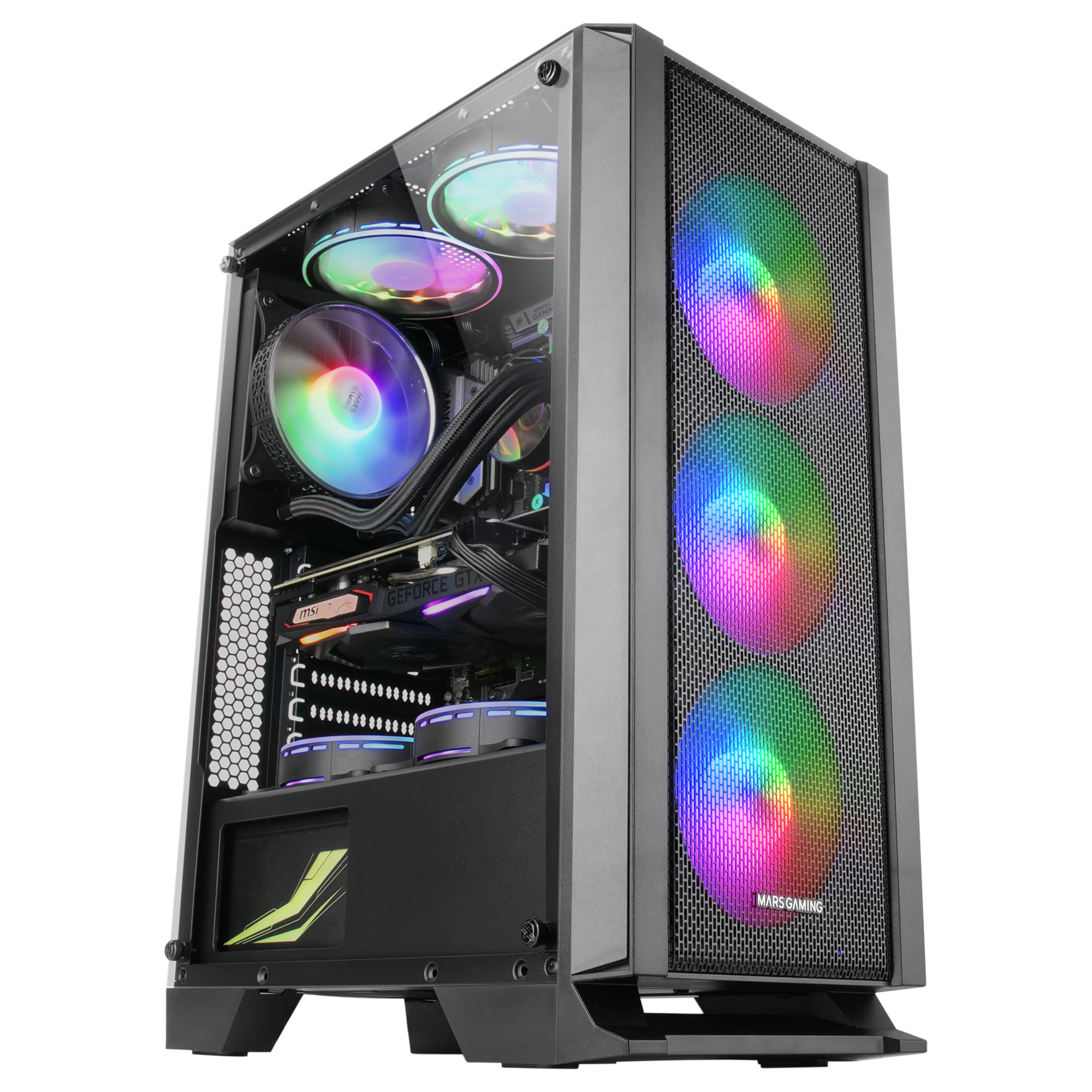 PC-Gehäuse mit durchsichtigem Seitenteil, das interne Komponenten mit RGB-Lichtern zeigt.