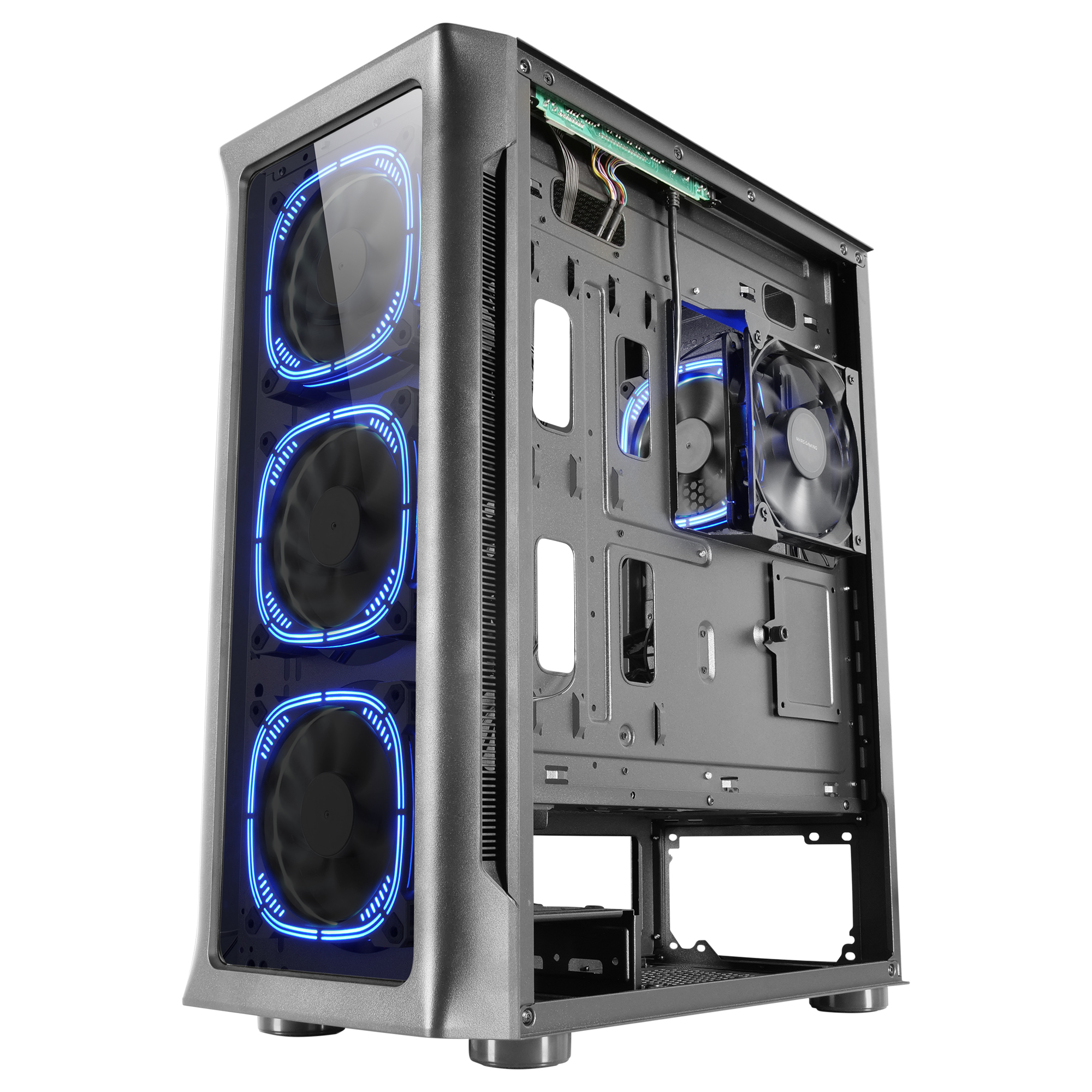 Case per computer aperto con ventole illuminate da luci blu.