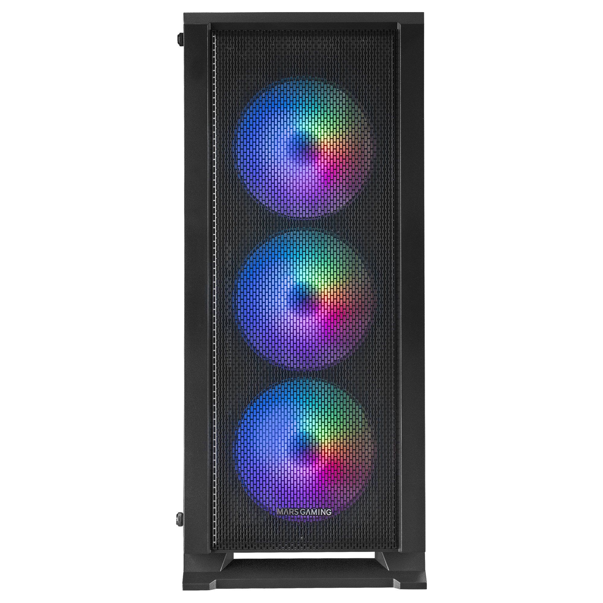 Schwarzes PC-Gehäuse mit drei RGB-Lüftern. Mesh-Frontplatte, Mars Gaming Logo.