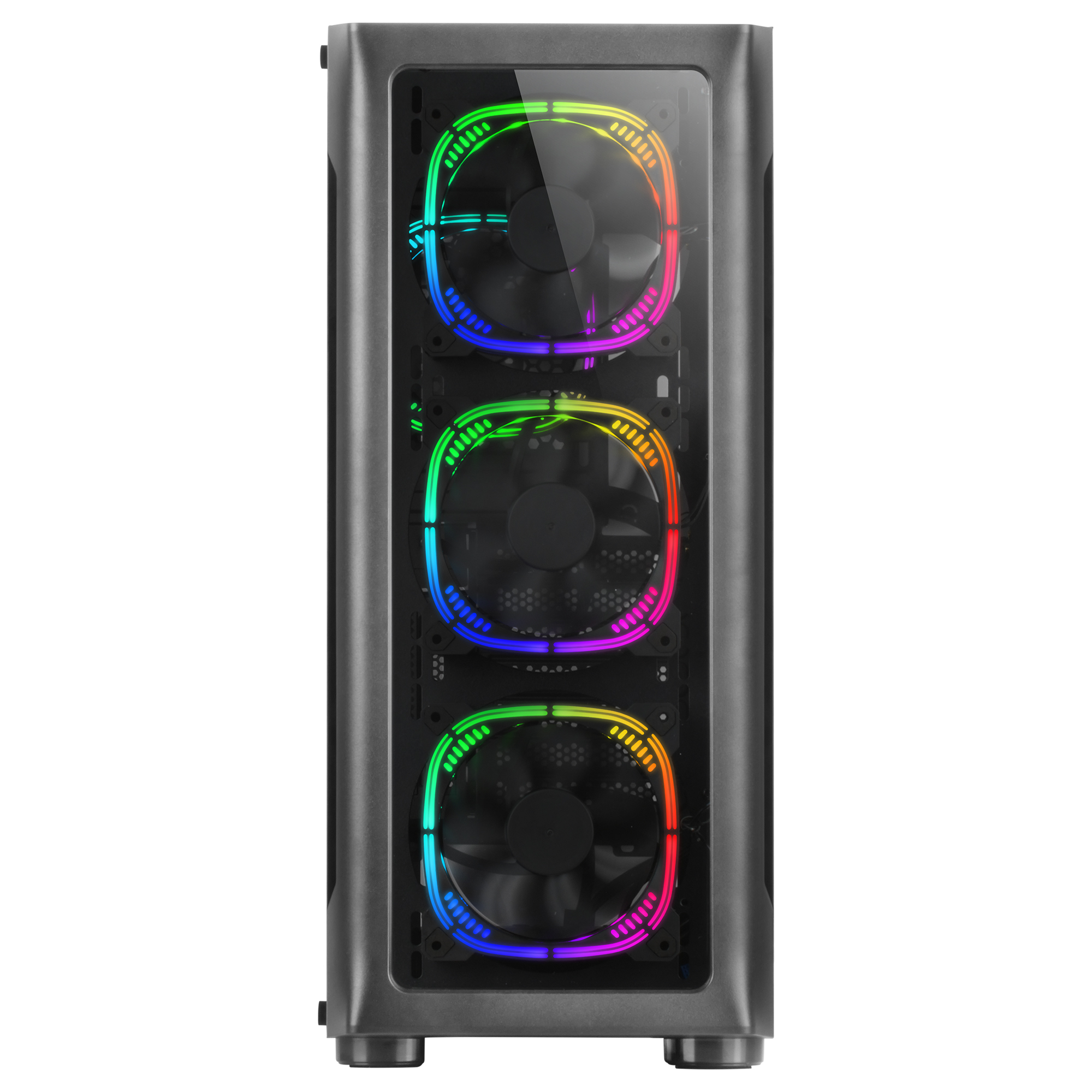 Case per computer con tre ventole con luci colorate, visto frontalmente.