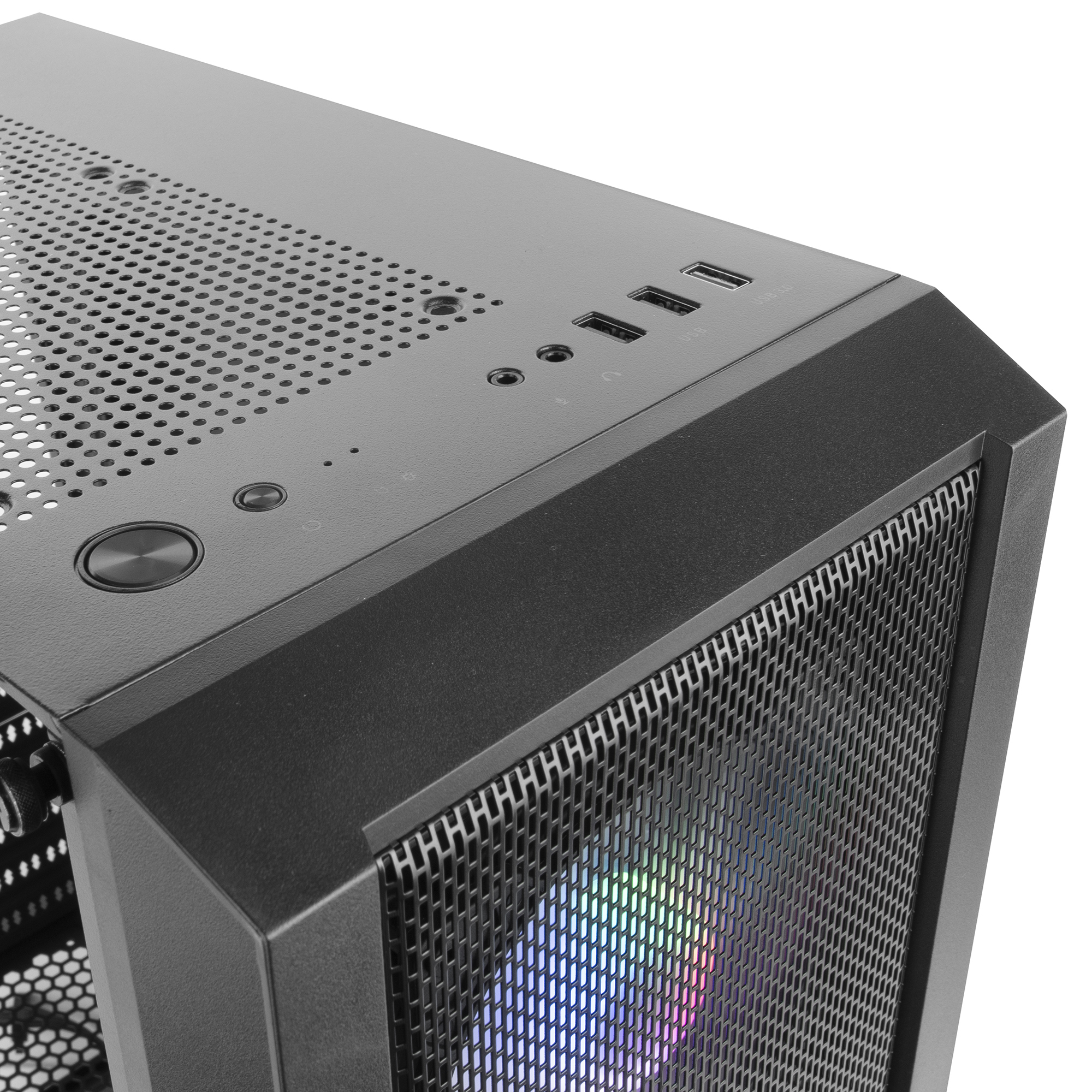 Nahaufnahme eines schwarzen Computergehäuses. Die Oberseite hat Knöpfe und Anschlüsse, die Seite ein Gitter.