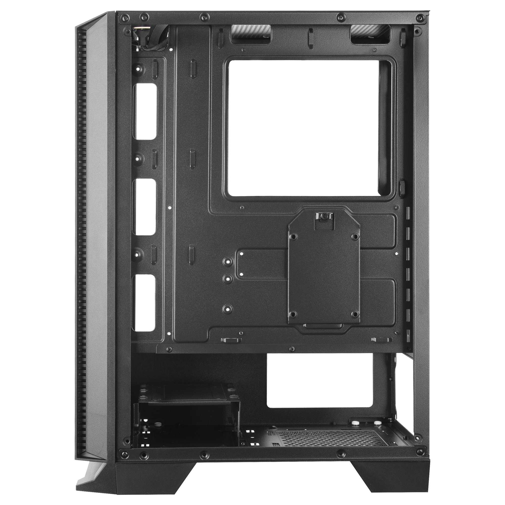 Schwarzes PC-Gehäuse innen, leerer Raum, Montageplätze, Innenansicht, isoliert.