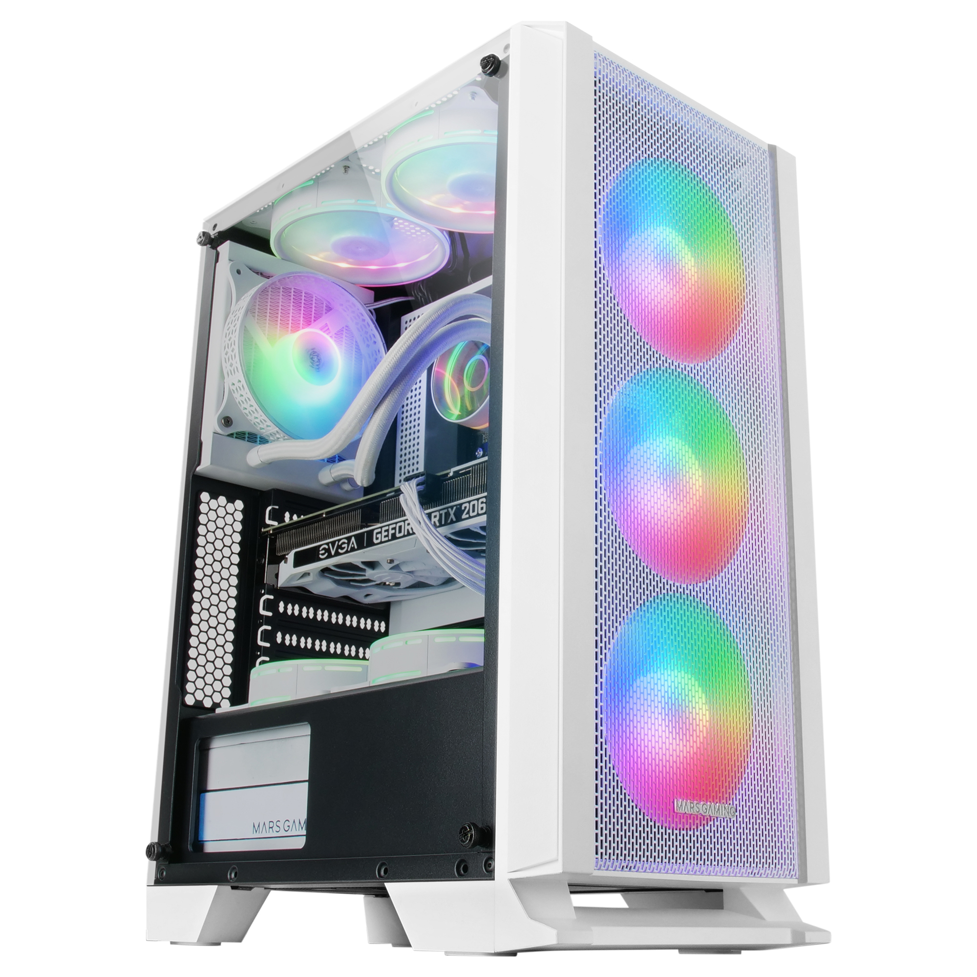 Biała obudowa PC, szklany bok. Wentylatory RGB, widoczne komponenty wewnętrzne. Logo Mars Gaming.