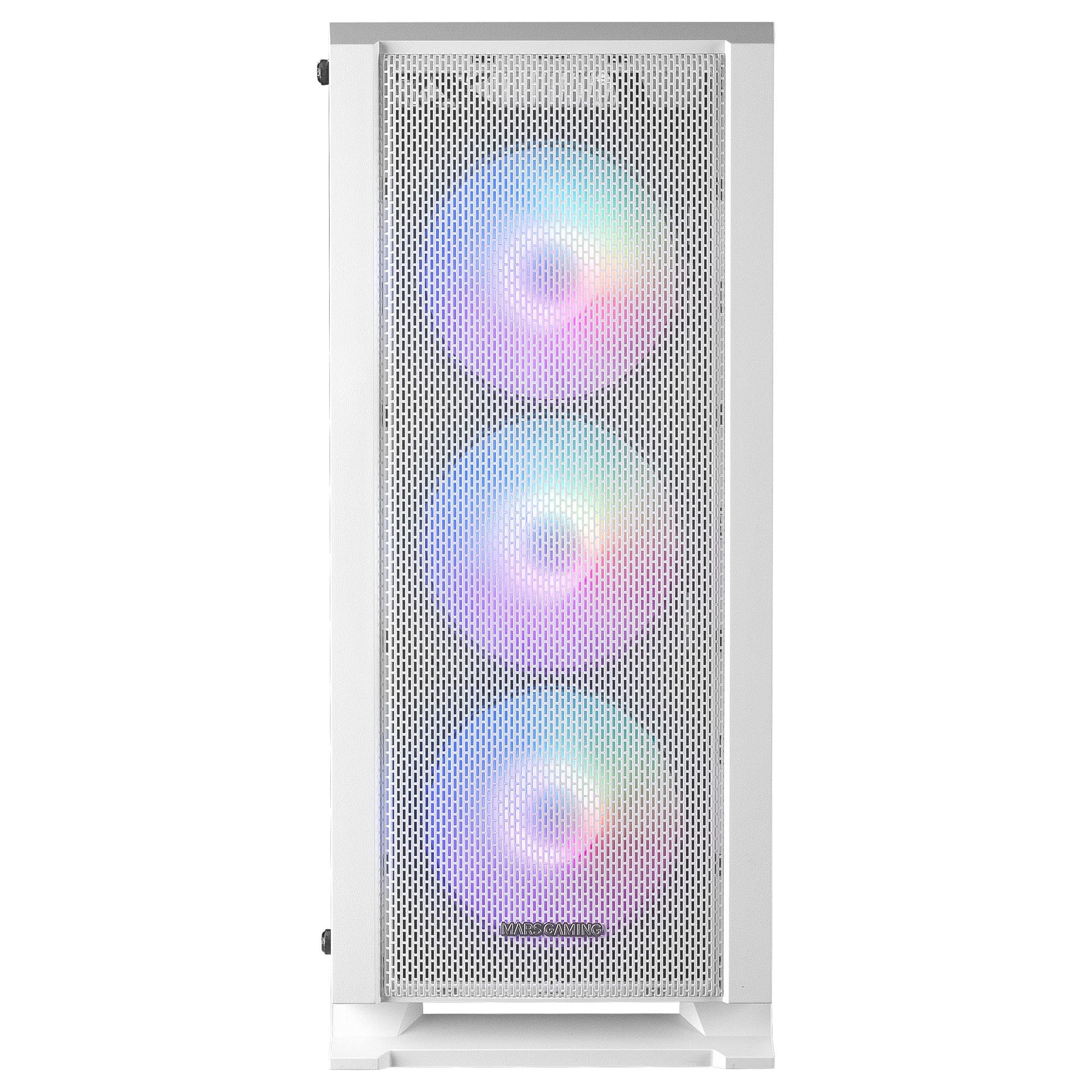 Biały przód obudowy komputera z trzema wentylatorami RGB za panelem z siatki.