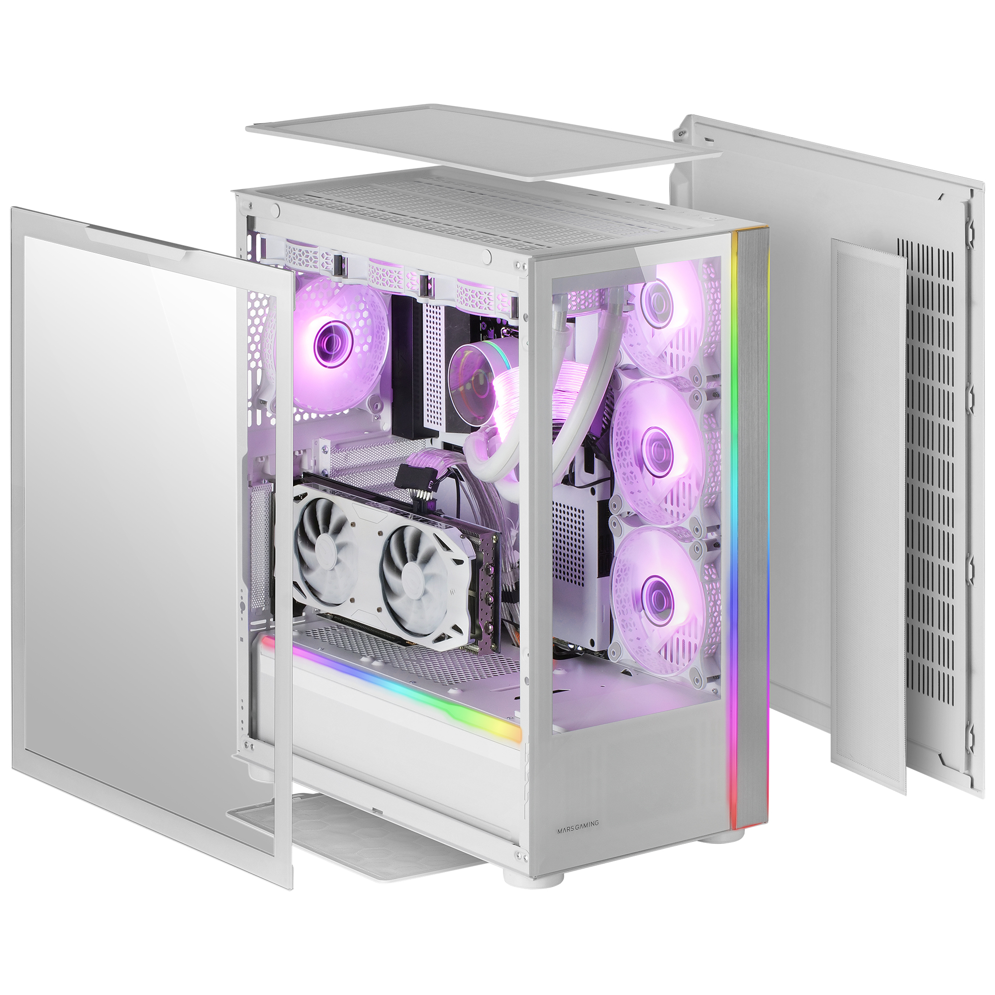 Biała obudowa komputera, otwarta, pokazująca komponenty wewnętrzne i oświetlenie RGB.