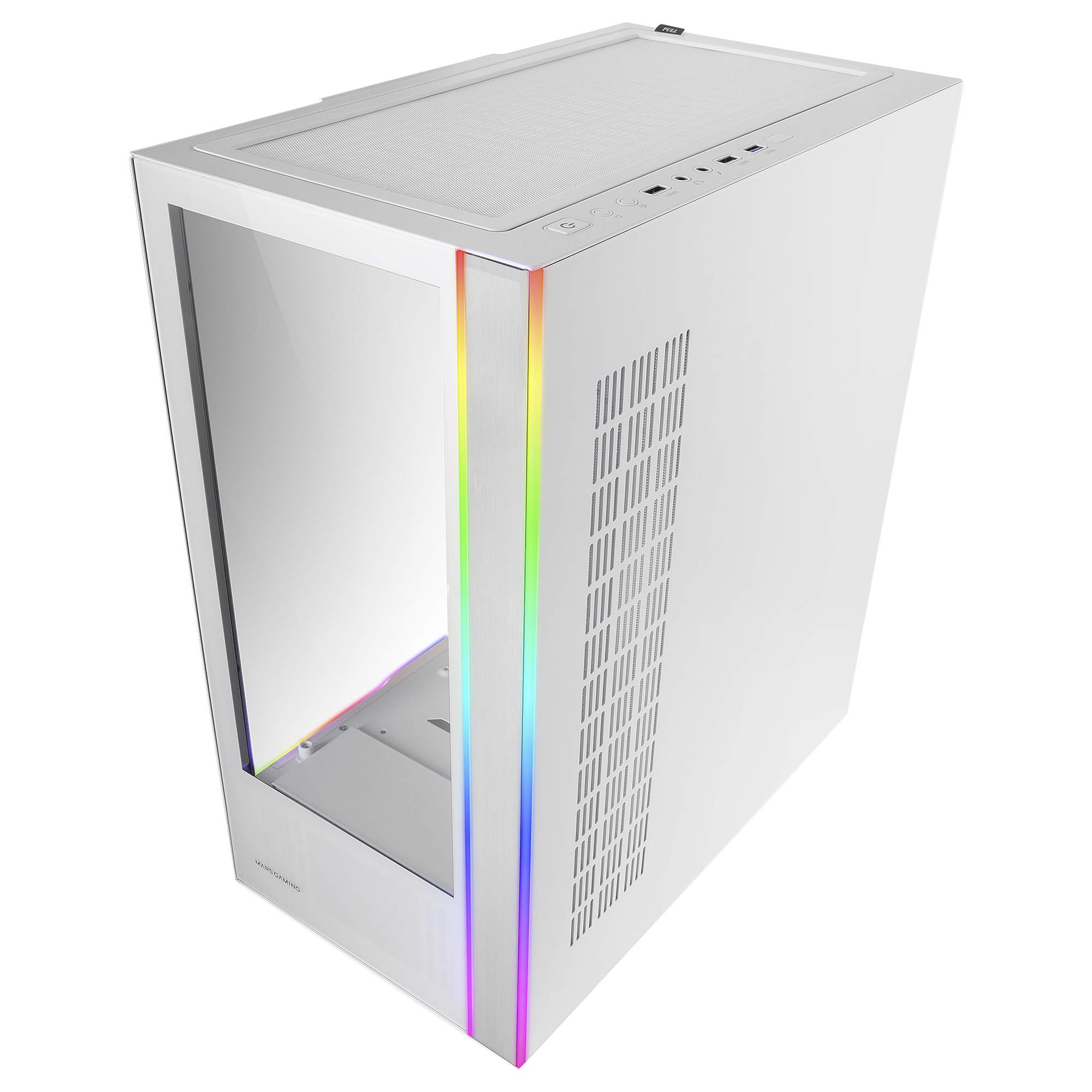 Biała obudowa komputera, widok z góry. Ma szklany panel boczny i oświetlenie RGB. Białe tło.