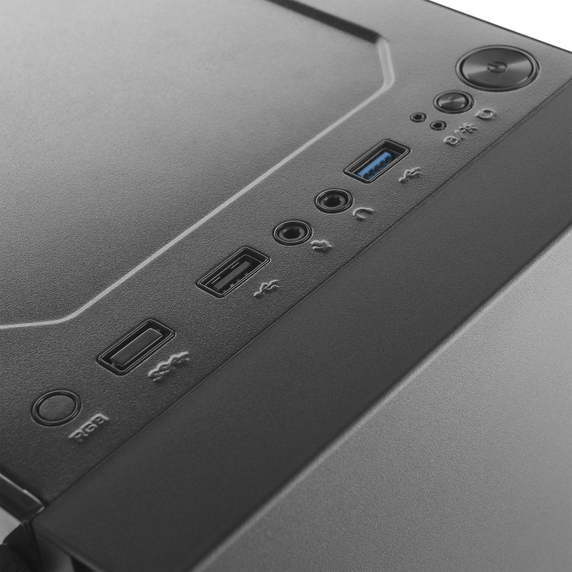 Primo piano del pannello frontale di un case per computer nero. Mostra porte e pulsanti per USB e audio.