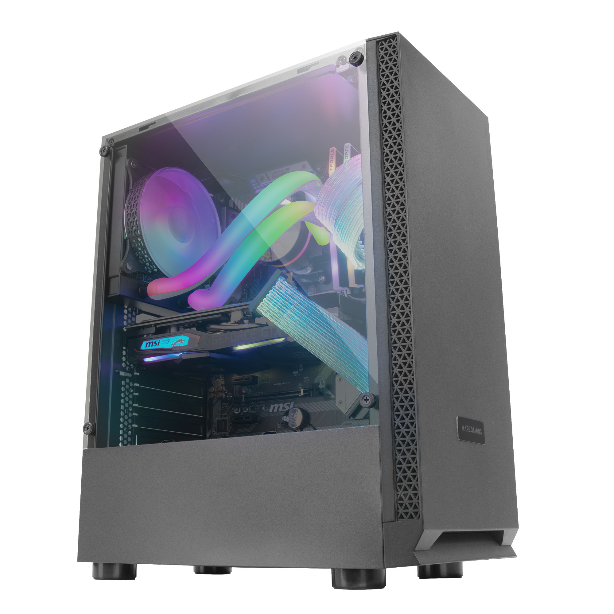 Case PC grigio con componenti interni illuminati da luci arcobaleno. Pannello laterale in vetro.