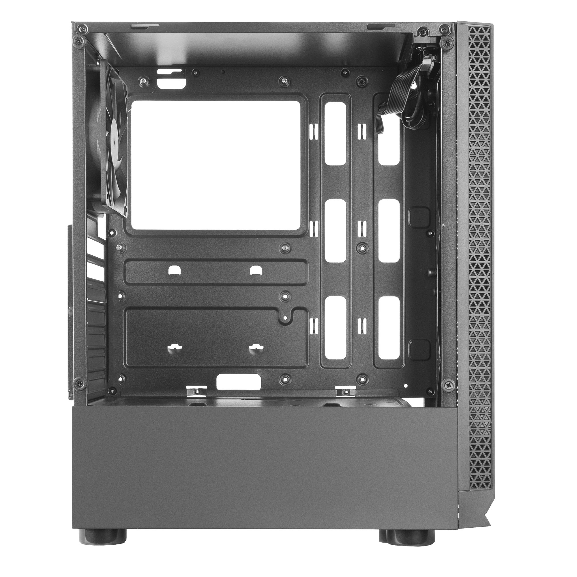 Interno vuoto di un case per computer grigio. Ha una ventola ed è pronto per i componenti.