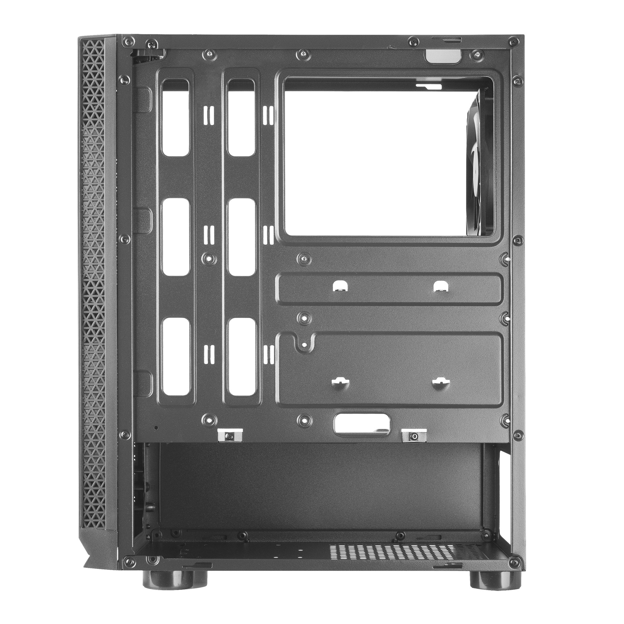 Interno case PC, vuoto, nero, con struttura interna visibile. Punti di montaggio e layout.