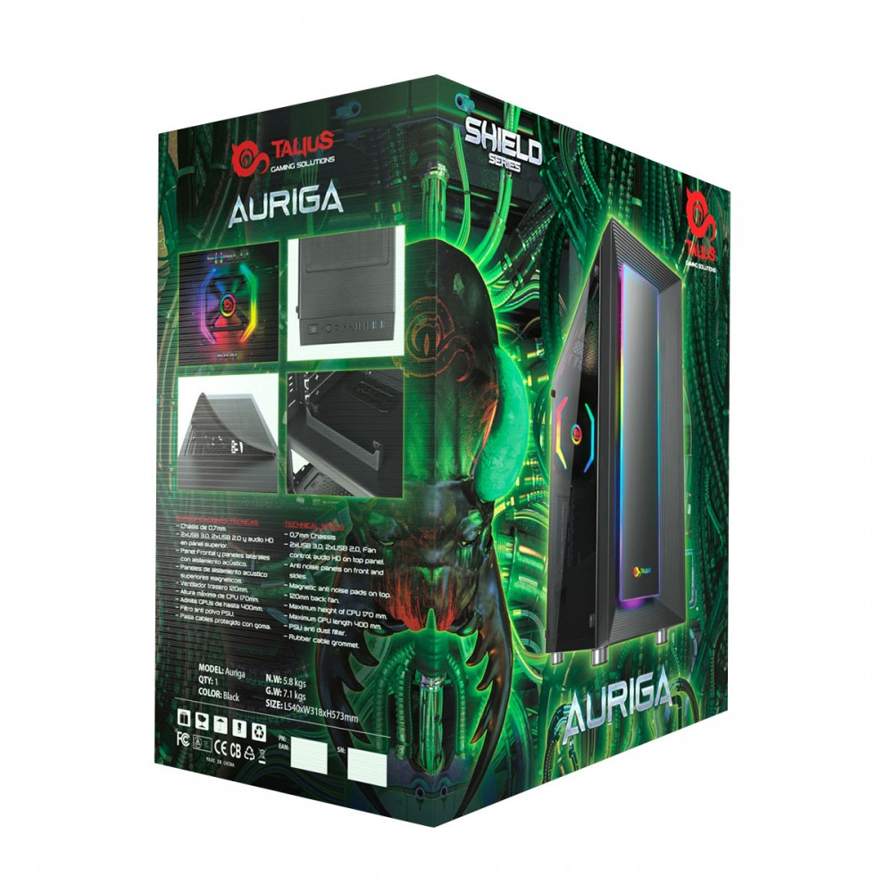 Scatola per case per computer con immagini e testo, che mostra un case per computer con illuminazione RGB.