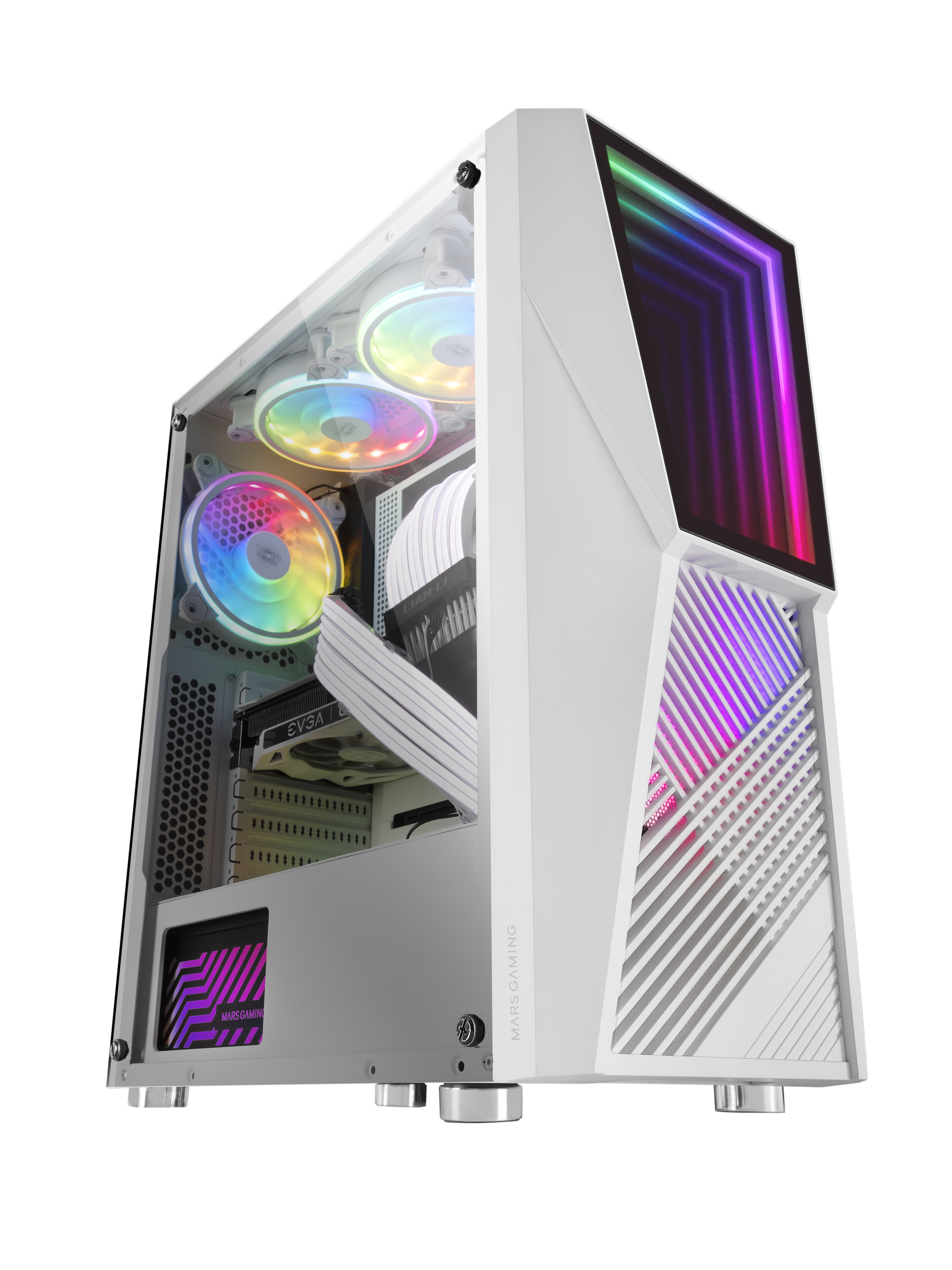 Biała obudowa PC z oświetleniem RGB i komponentami wewnętrznymi. Szklany panel boczny i design.