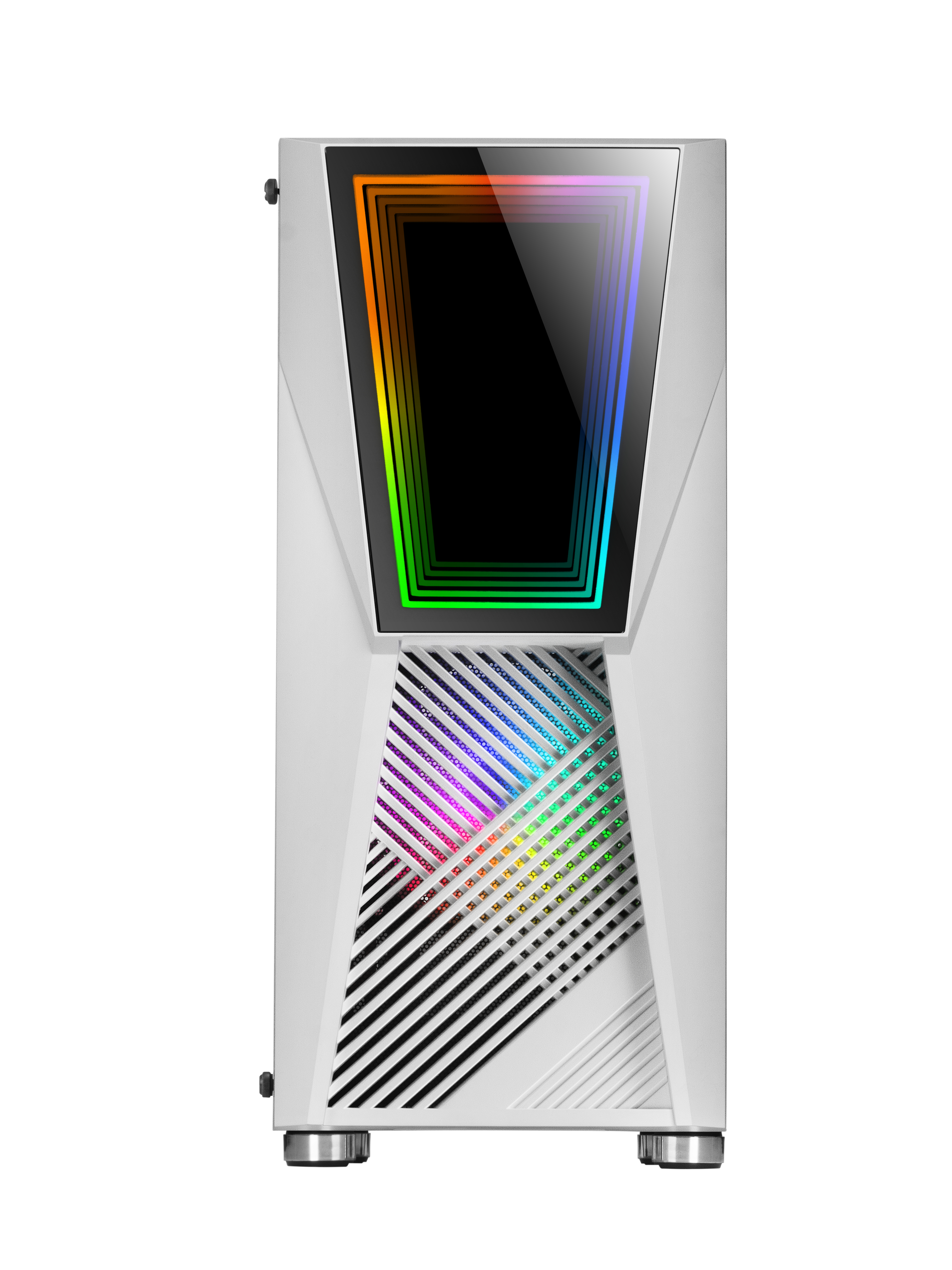 Biała obudowa komputera z panelem przednim z oświetleniem RGB. Na białym tle.
