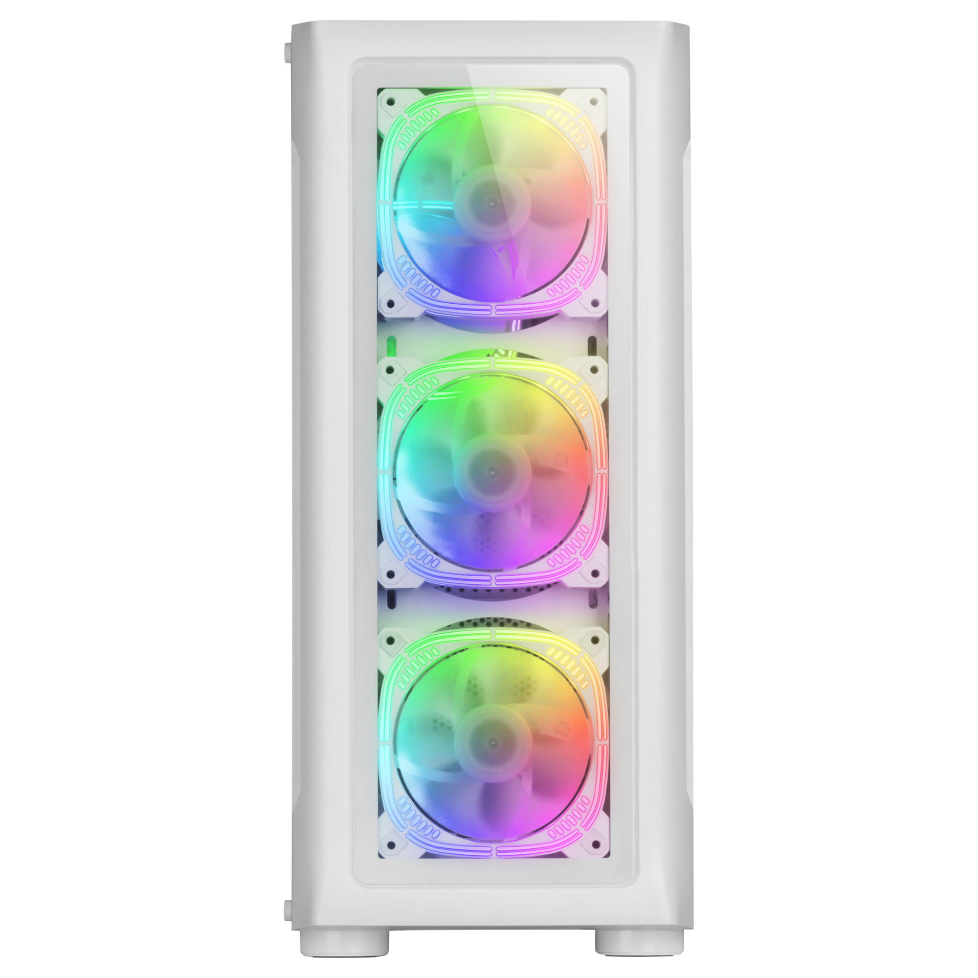 Weißes PC-Gehäuse mit drei RGB-Lüftern vorne. Lüfter haben bunte Lichter.