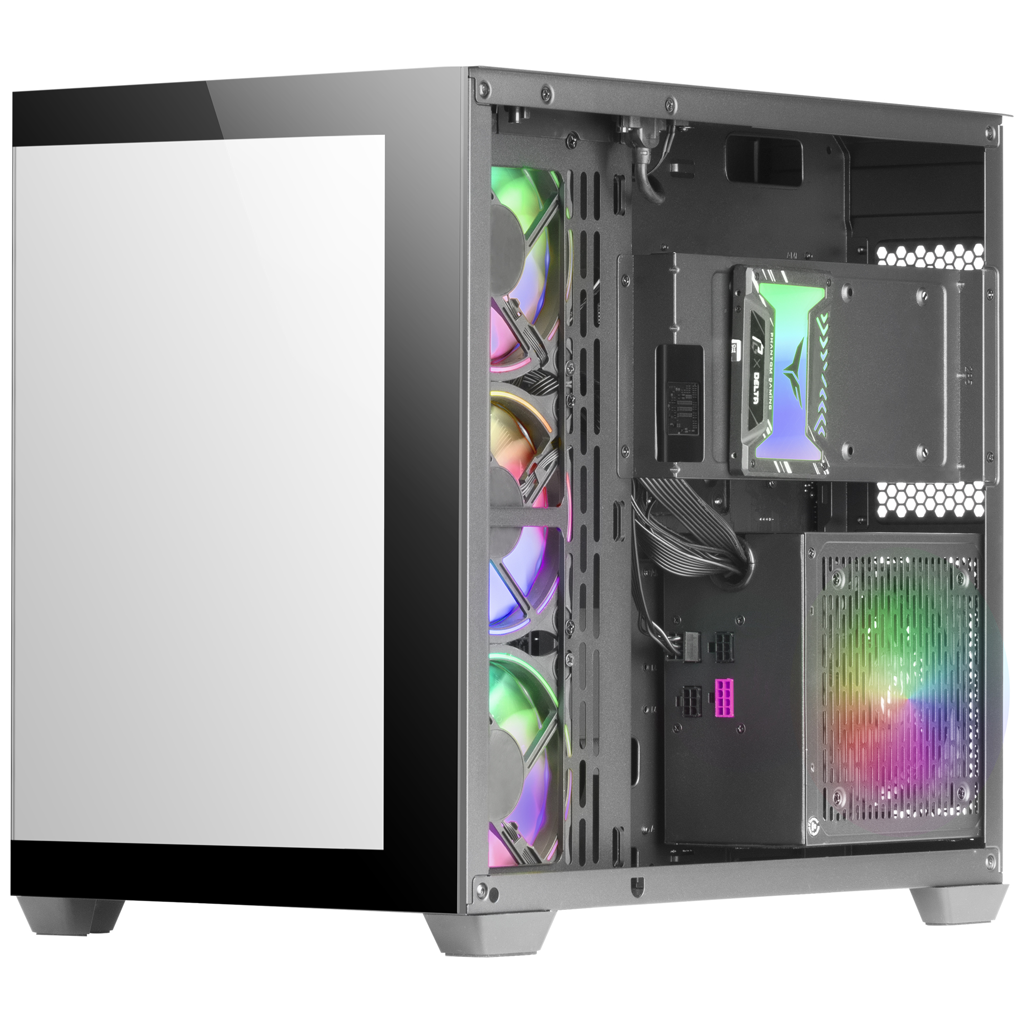 Case per computer nero e grigio, lato aperto che mostra i componenti interni.