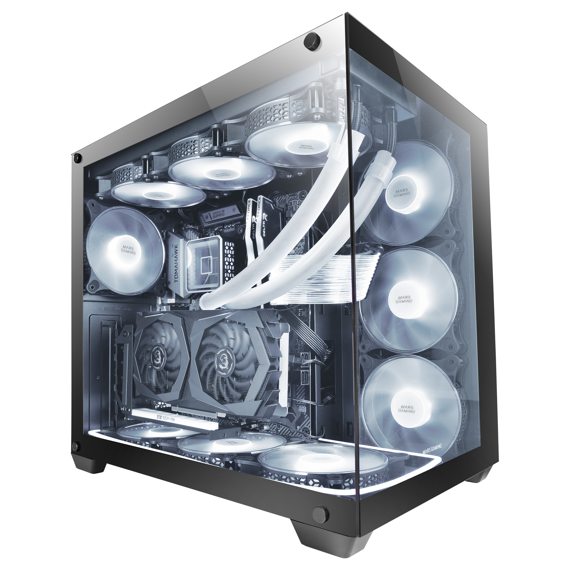 Un case per PC con vetro trasparente che mostra i componenti interni, tra cui ventole, una GPU e un liquido di raffreddamento.