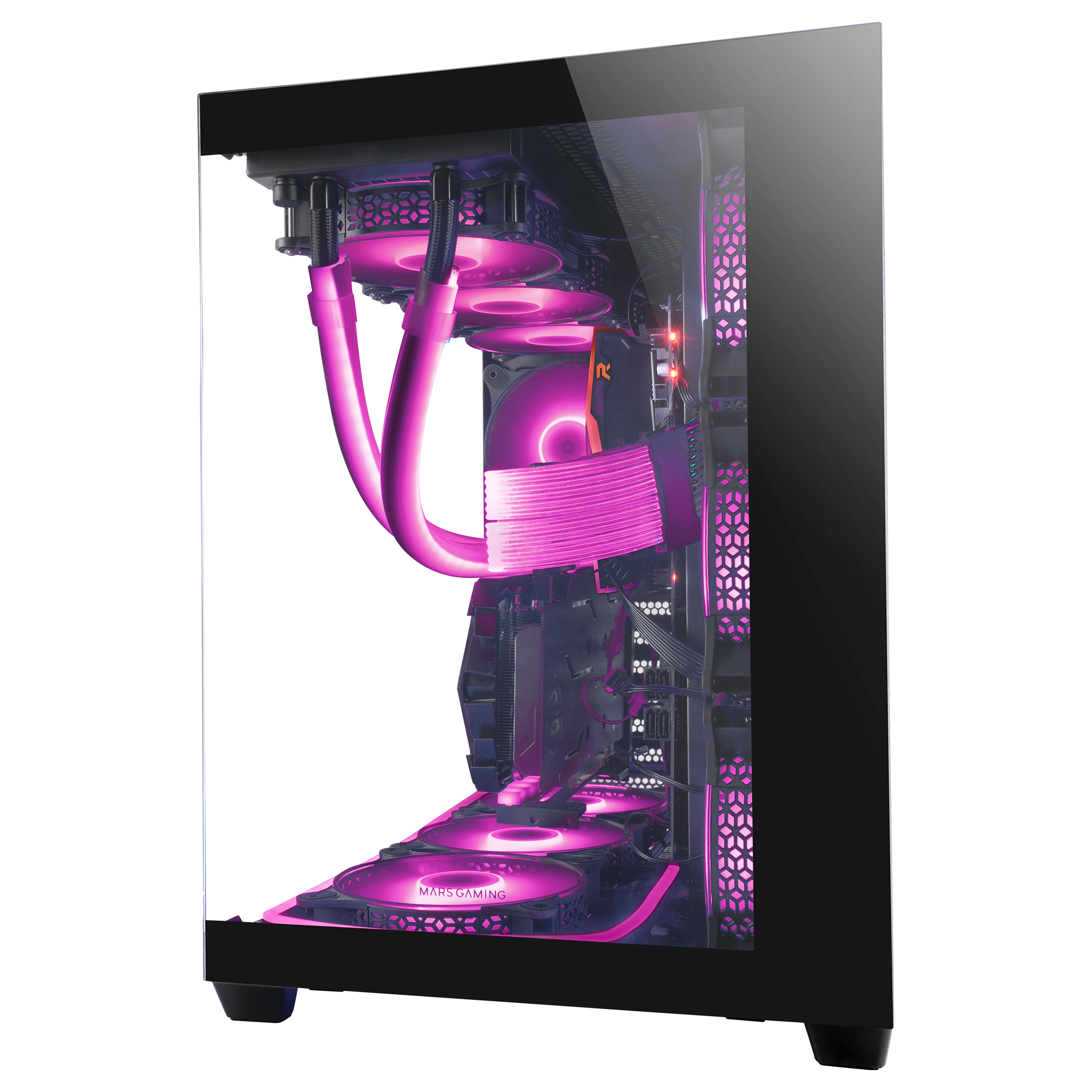 Case per computer con ventole illuminate di rosa e componenti interni.